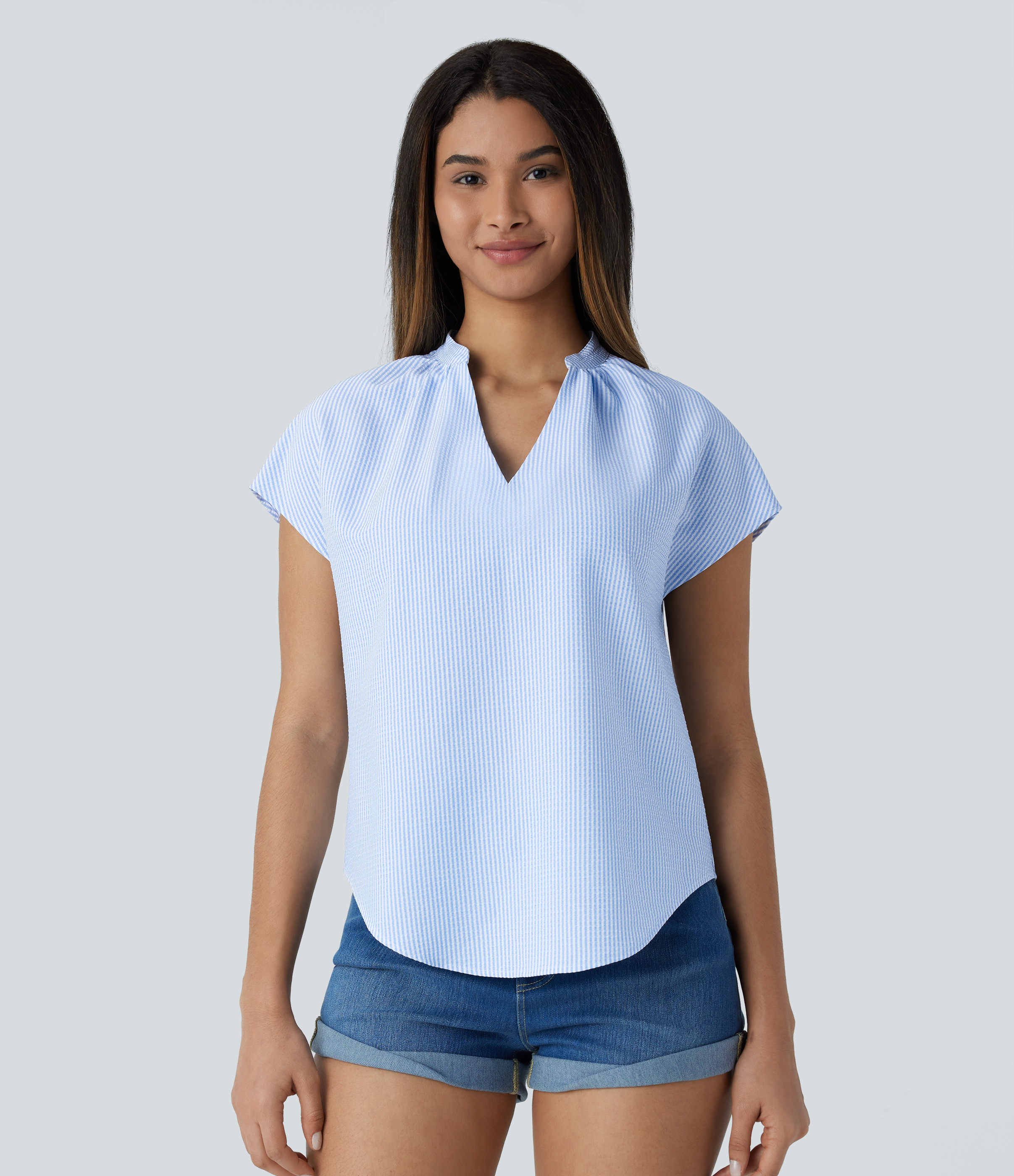 Halara V Neck Short Sleeve Curved Hem Stripe Casual Top Tank Top - Azure White Stripe - M golf tops halter top tunic tops sleeveless tops 