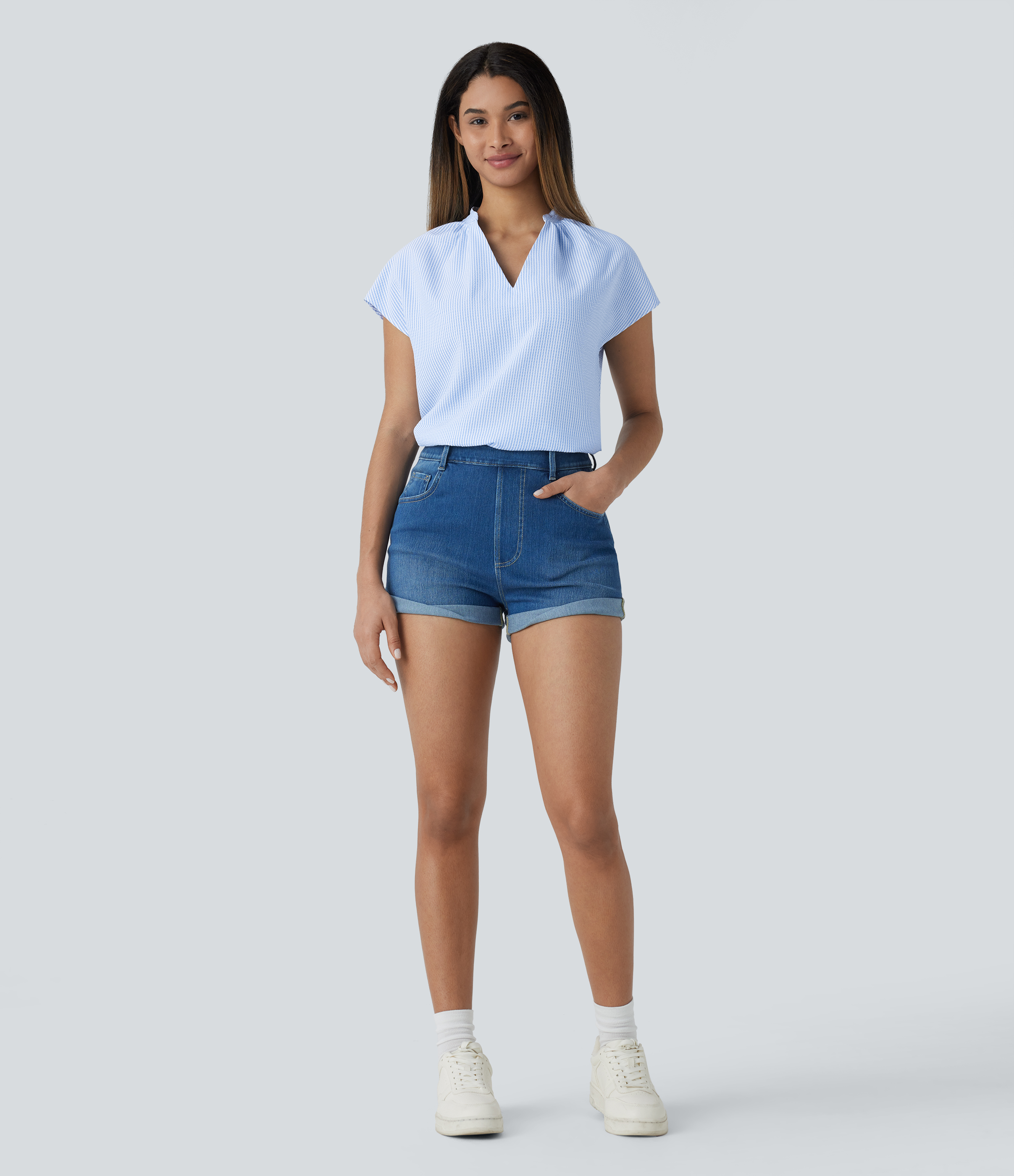Halara V Neck Short Sleeve Curved Hem Stripe Casual Top Tank Top - Azure White Stripe - M golf tops halter top tunic tops sleeveless tops 
