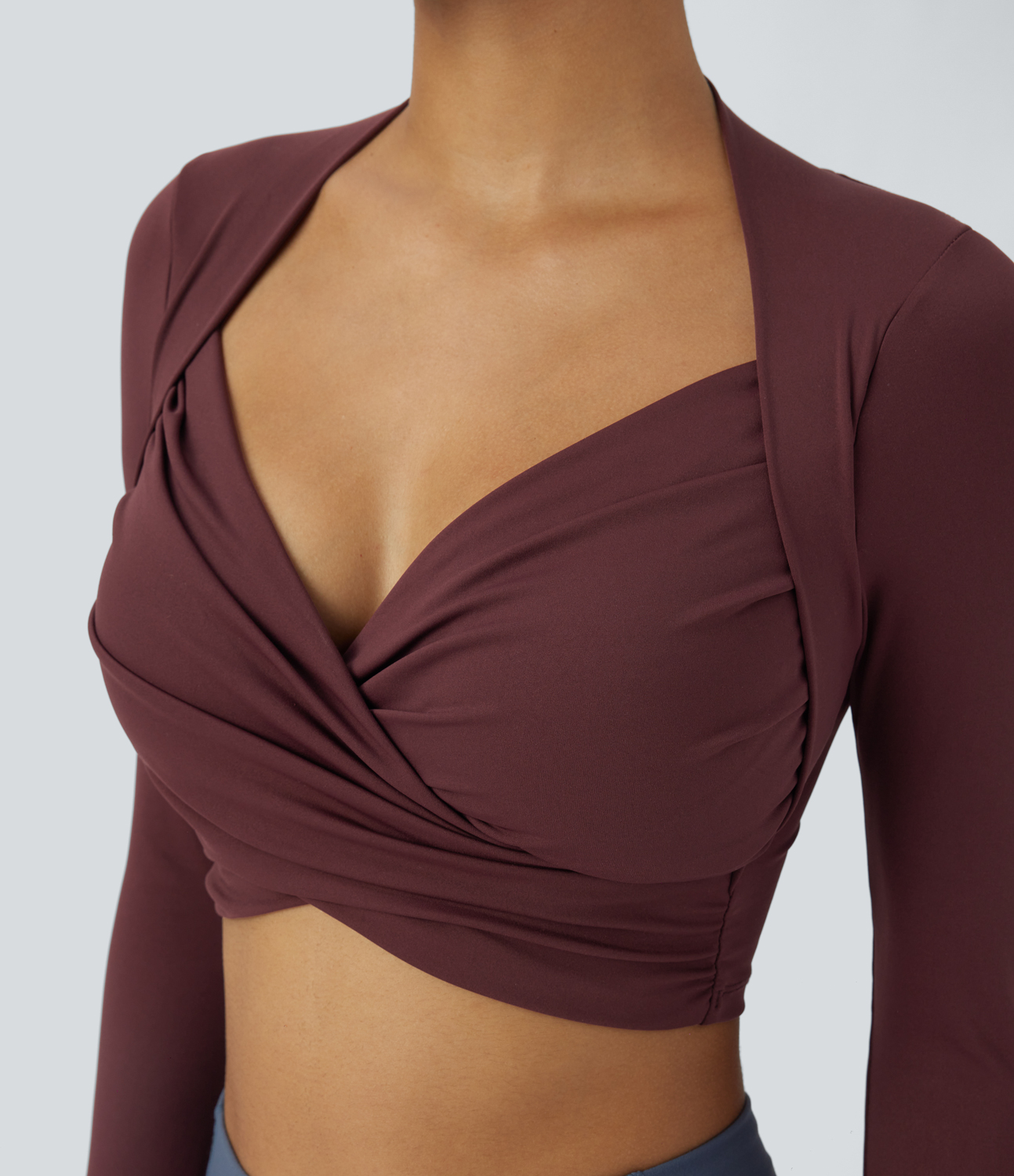 Halara V Neck Crisscross Ruched Thumb Hole Cropped Yoga Sports Top  - Red Mahogany - S 