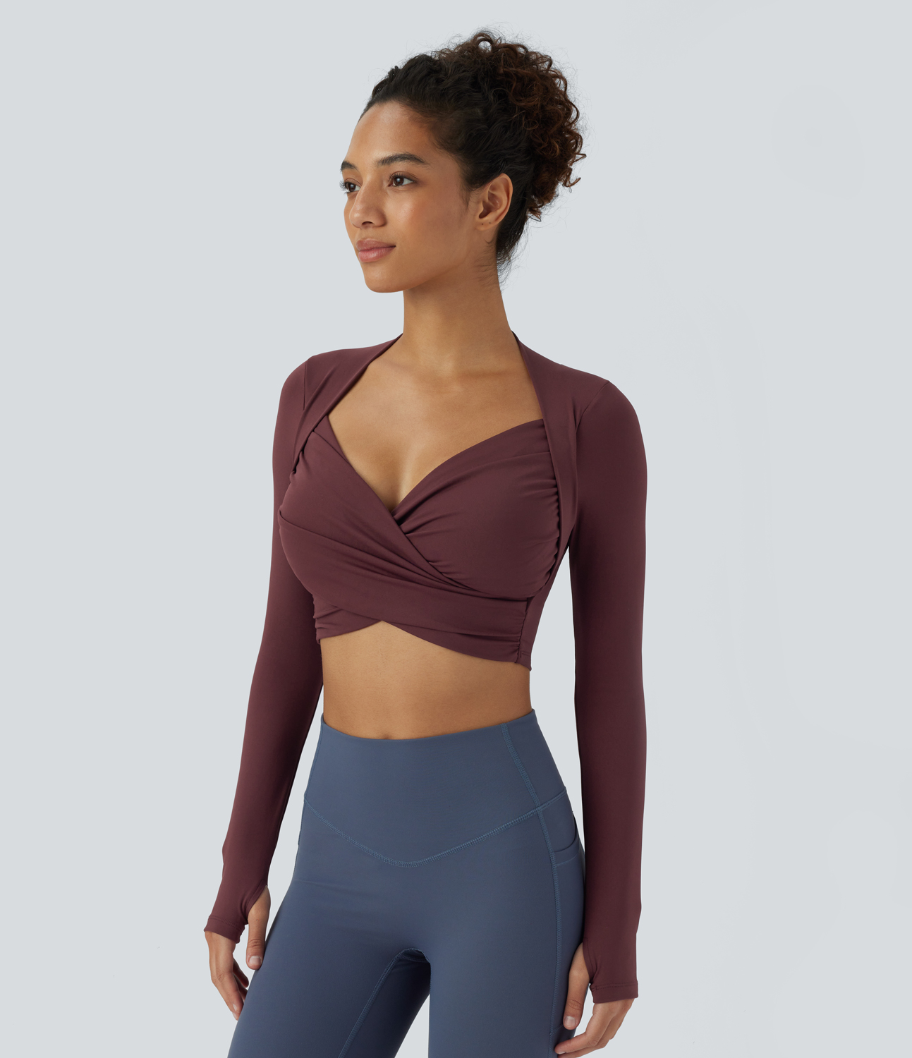 Halara V Neck Crisscross Ruched Thumb Hole Cropped Yoga Sports Top  - Red Mahogany - S 