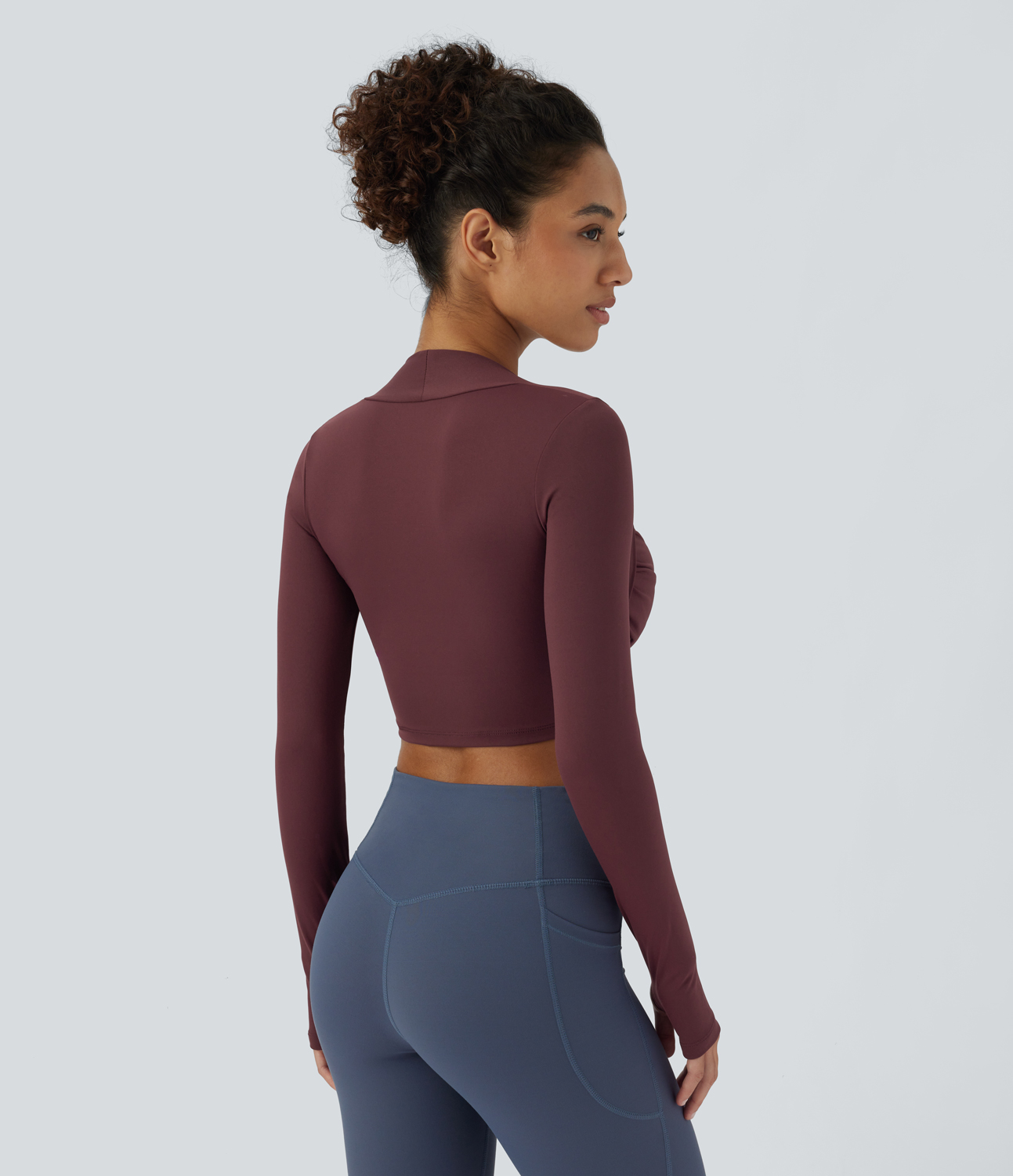 Halara V Neck Crisscross Ruched Thumb Hole Cropped Yoga Sports Top  - Red Mahogany - S 