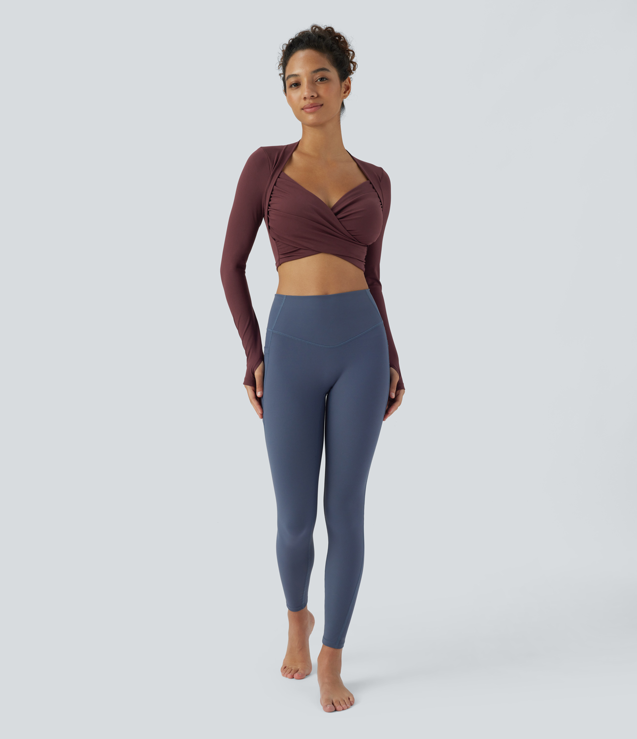 Halara V Neck Crisscross Ruched Thumb Hole Cropped Yoga Sports Top  - Red Mahogany - S 