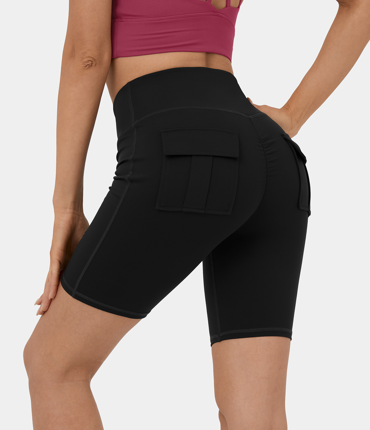 Halara High Waisted Back Flap Pocket Yoga Cargo Biker Shorts 7``  - Black - M biker shorts women black biker shorts womens biker shorts 