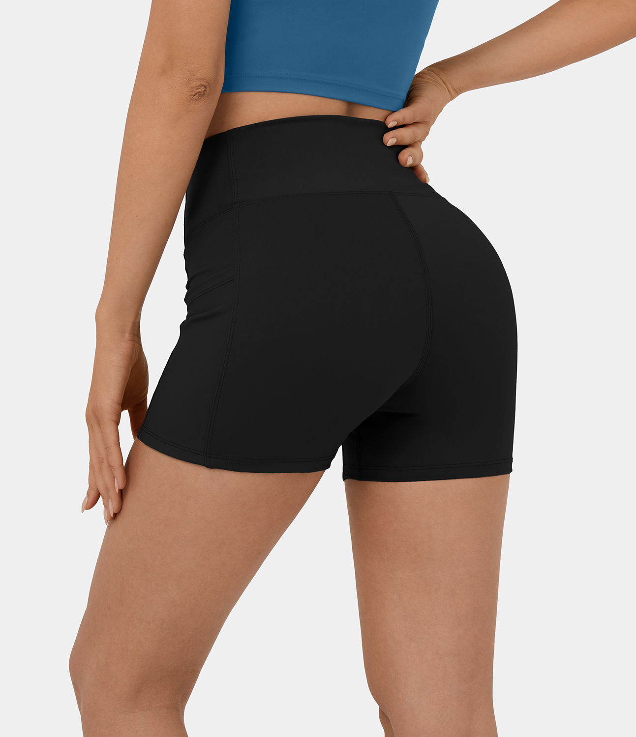 Halara High Waisted V Shaped Sandwich Waistband Tummy Control Side Pocket Yoga Biker Shorts 3``  - Black - M biker shorts women 
