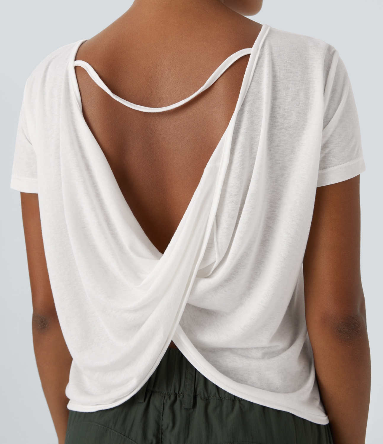 Halara Sheer Short Sleeve V Back Draped Sports Top  - White - S 