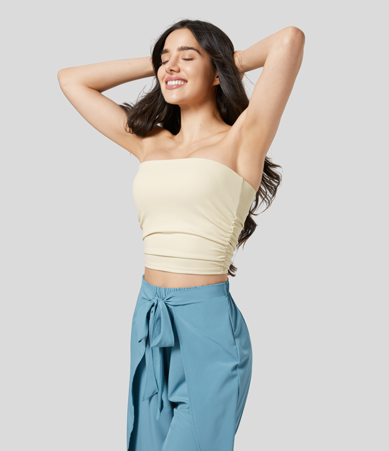 Halara Ribbed Knit Ruched Cropped Yoga Tube Top Tank Top - Antique White - XS golf tops halter top tunic tops sleeveless tops backless top 