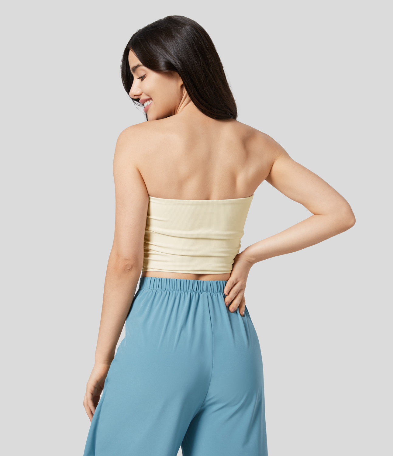 Halara Ribbed Knit Ruched Cropped Yoga Tube Top Tank Top - Antique White - XS golf tops halter top tunic tops sleeveless tops backless top 