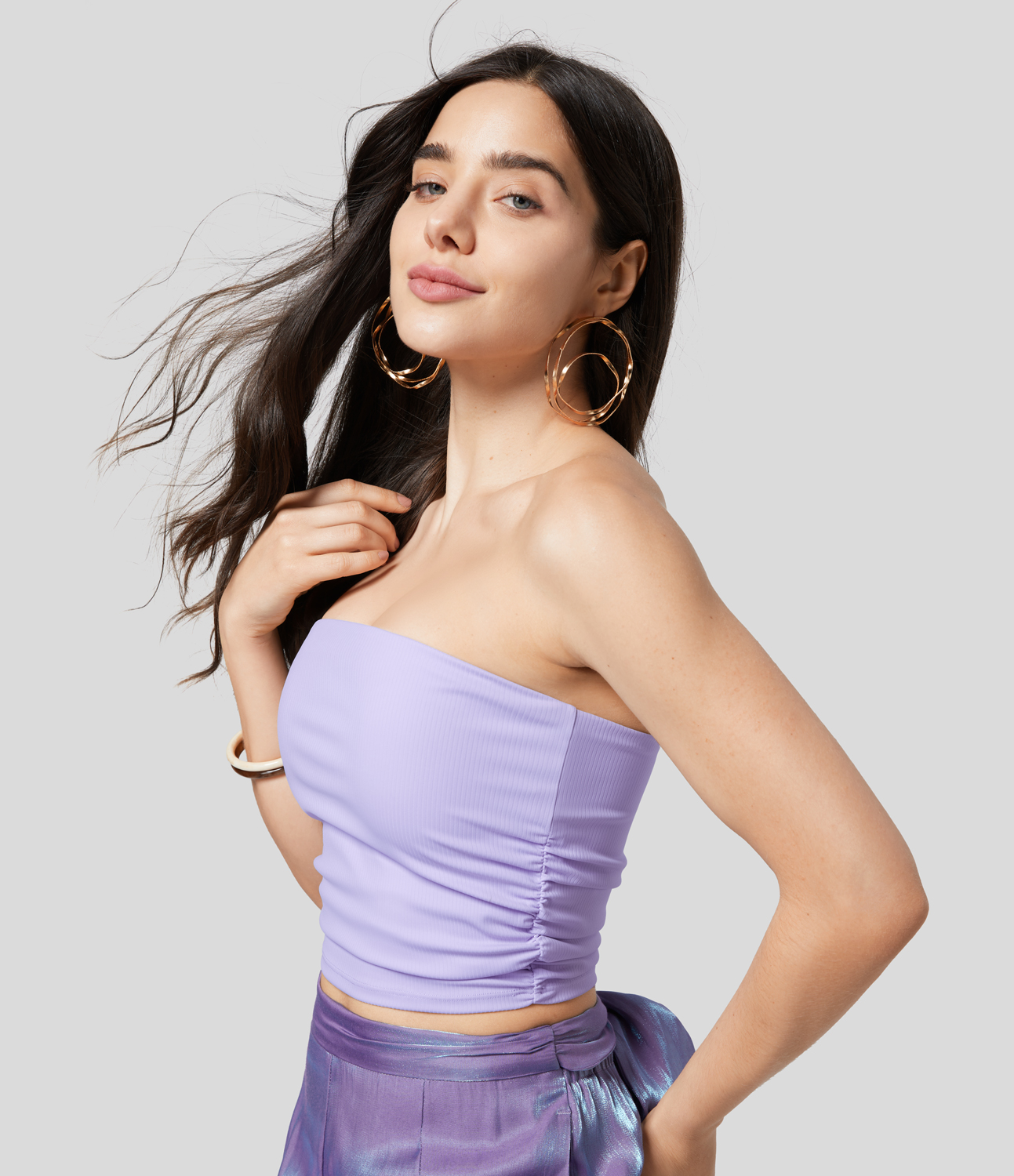 Halara Ribbed Knit Ruched Cropped Yoga Tube Top Tank Top - Smoke White Purple - M golf tops halter top tunic tops sleeveless tops 
