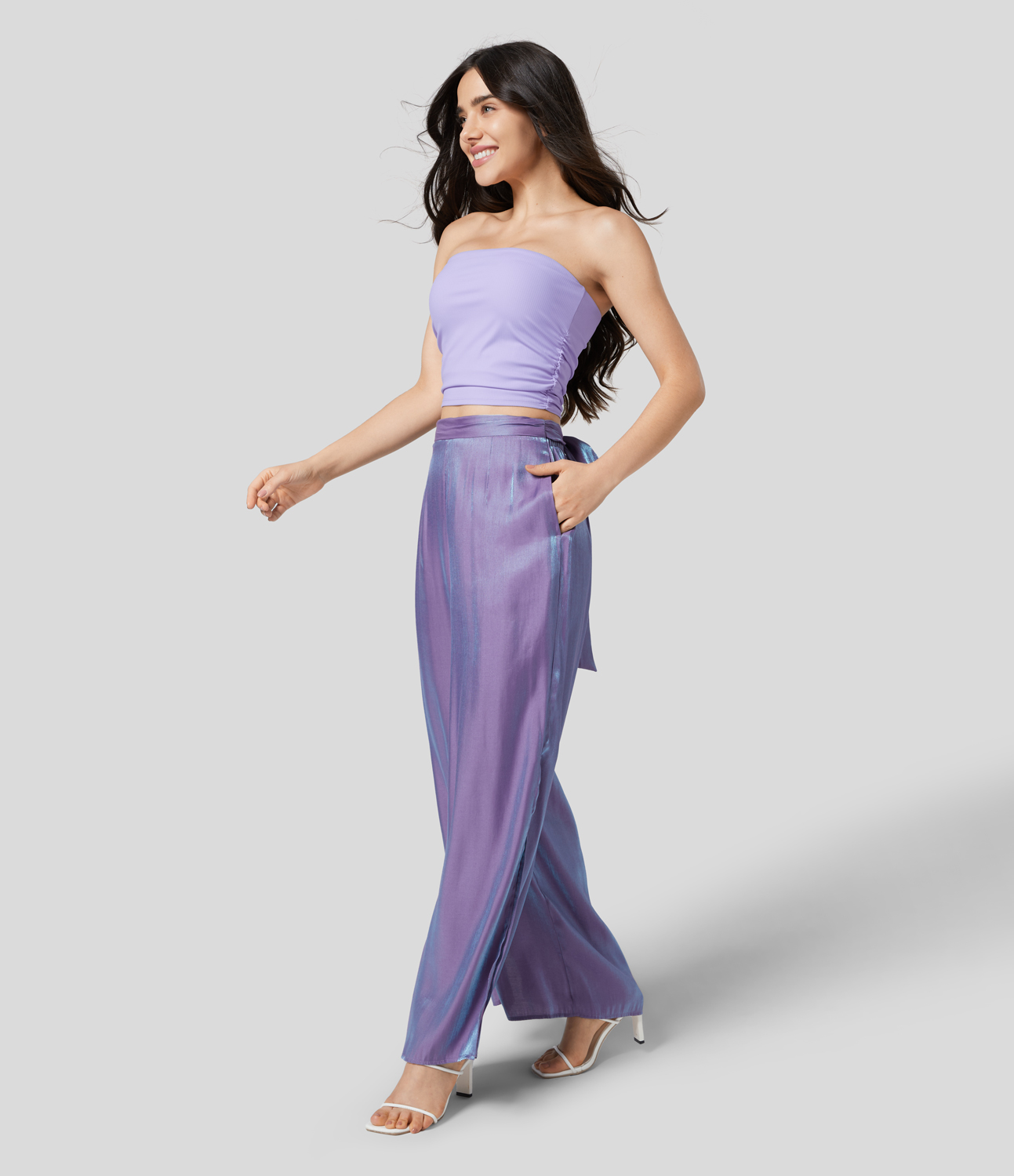 Halara Ribbed Knit Ruched Cropped Yoga Tube Top Tank Top - Smoke White Purple - M golf tops halter top tunic tops sleeveless tops 