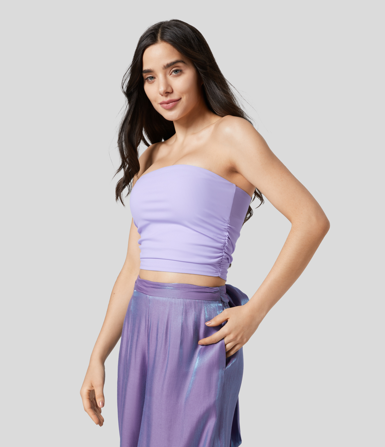 Halara Ribbed Knit Ruched Cropped Yoga Tube Top Tank Top - Smoke White Purple - M golf tops halter top tunic tops sleeveless tops 