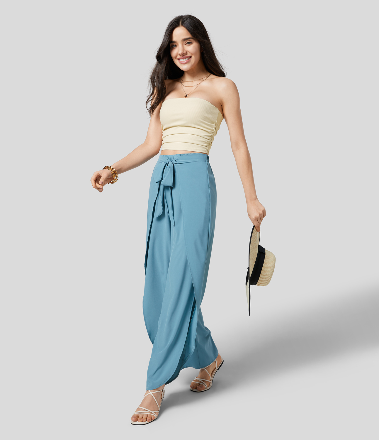 Halara Ribbed Knit Ruched Cropped Yoga Tube Top Tank Top - Antique White - XS golf tops halter top tunic tops sleeveless tops backless top 