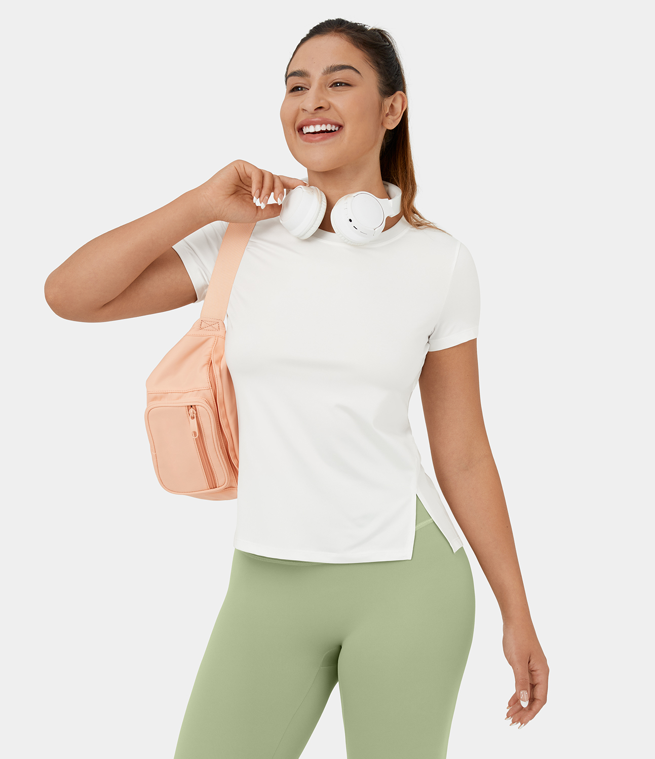 Halara Contrast Mesh Cut Out Side Split Yoga Sports Top  - White - S 