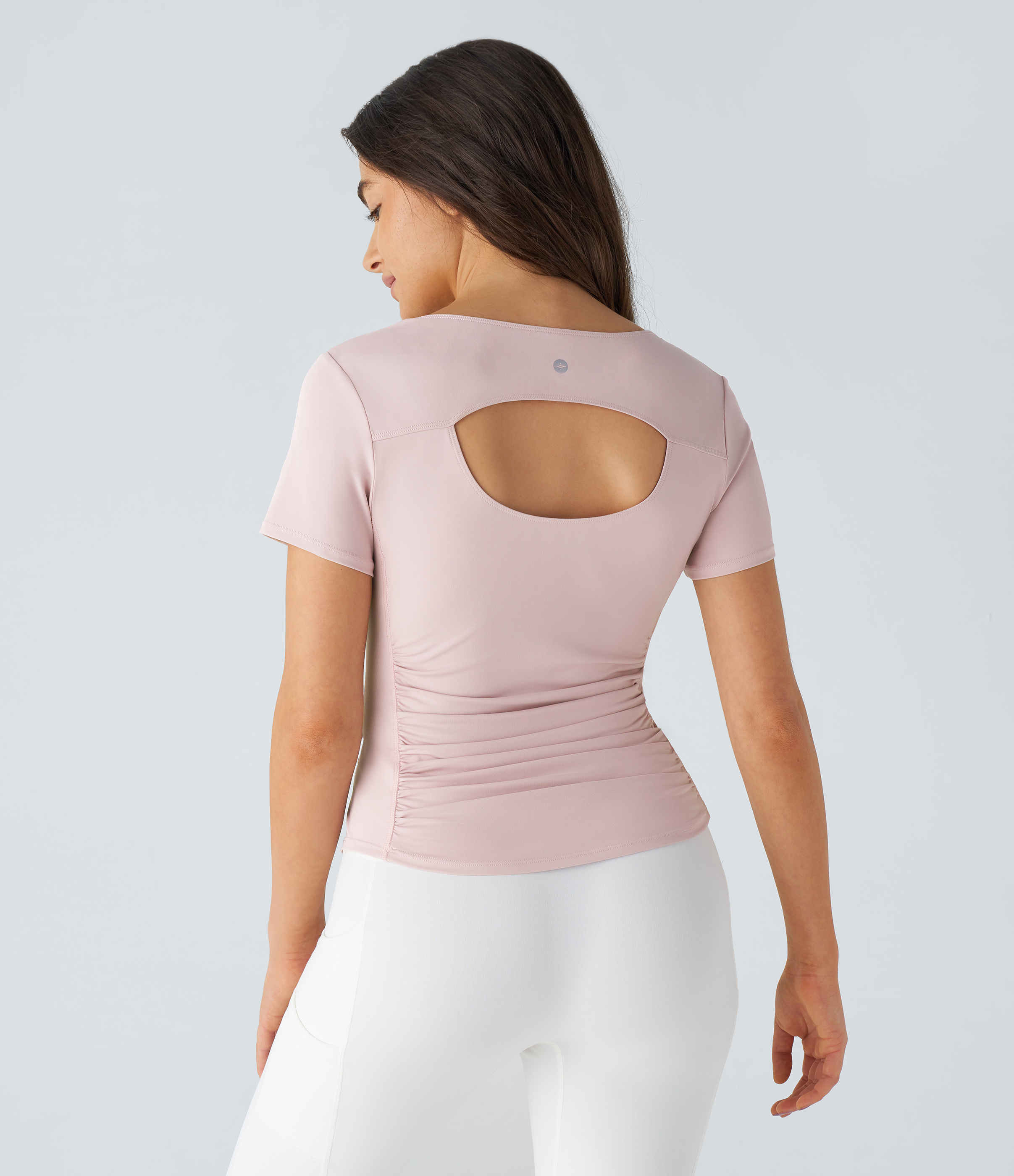 Halara U Neck Short Sleeve Backless Cut Out Ruched Curved Hem Yoga Sports Top  - Pale Lilac - XL 