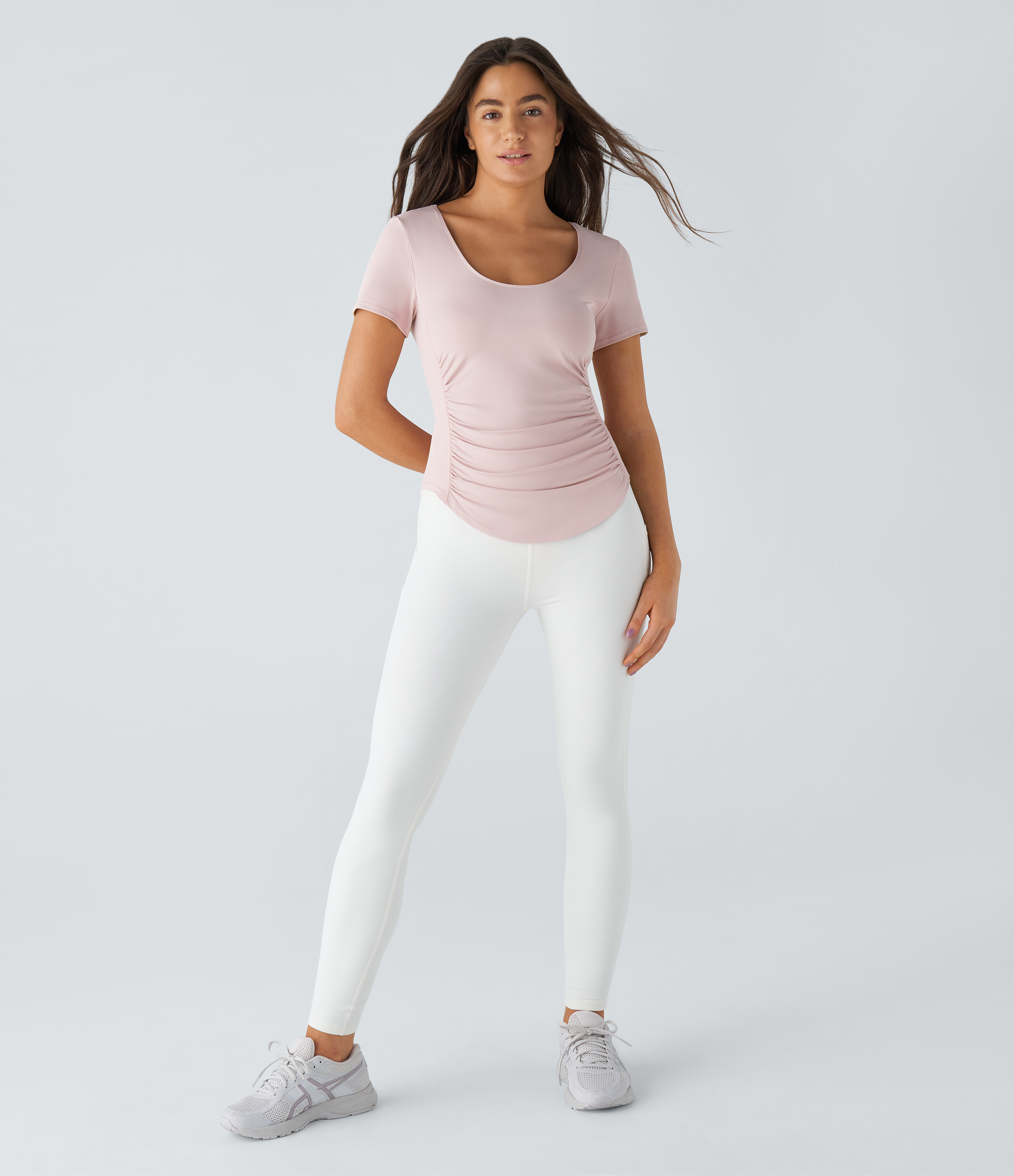 Halara U Neck Short Sleeve Backless Cut Out Ruched Curved Hem Yoga Sports Top  - Pale Lilac - XL 