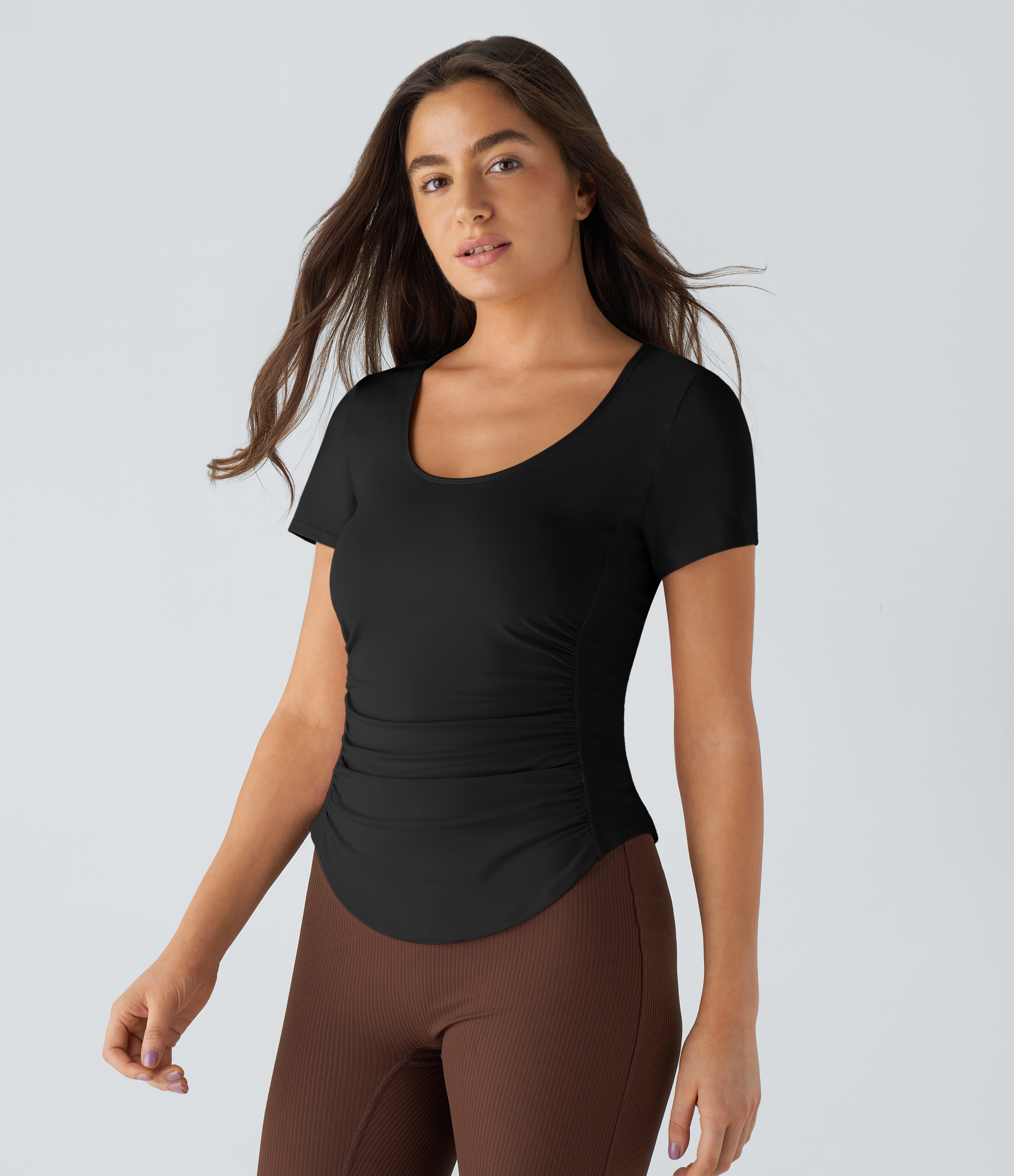Halara U Neck Short Sleeve Backless Cut Out Ruched Curved Hem Yoga Sports Top  - Black - L 