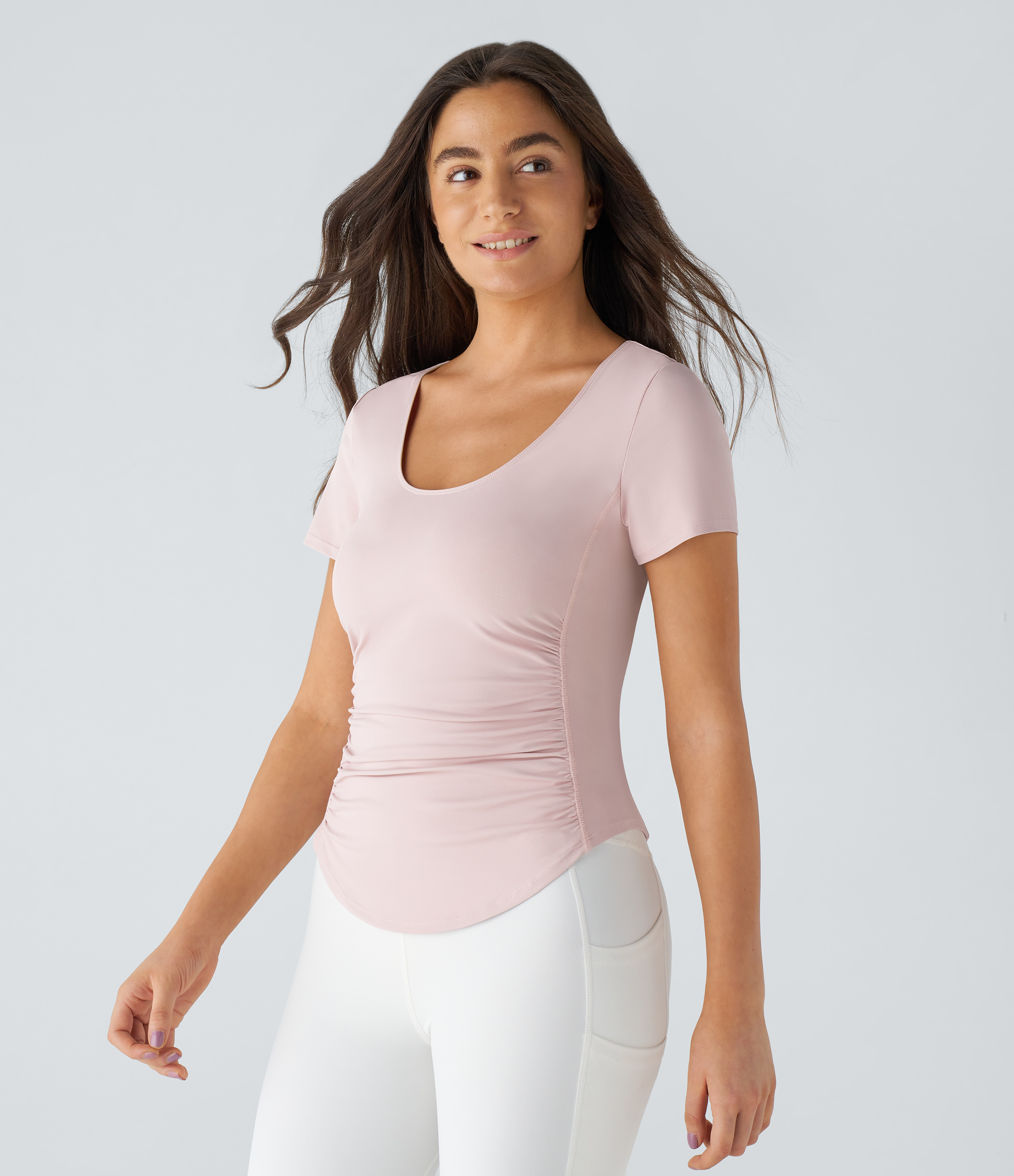 Halara U Neck Short Sleeve Backless Cut Out Ruched Curved Hem Yoga Sports Top  - Pale Lilac - XL 