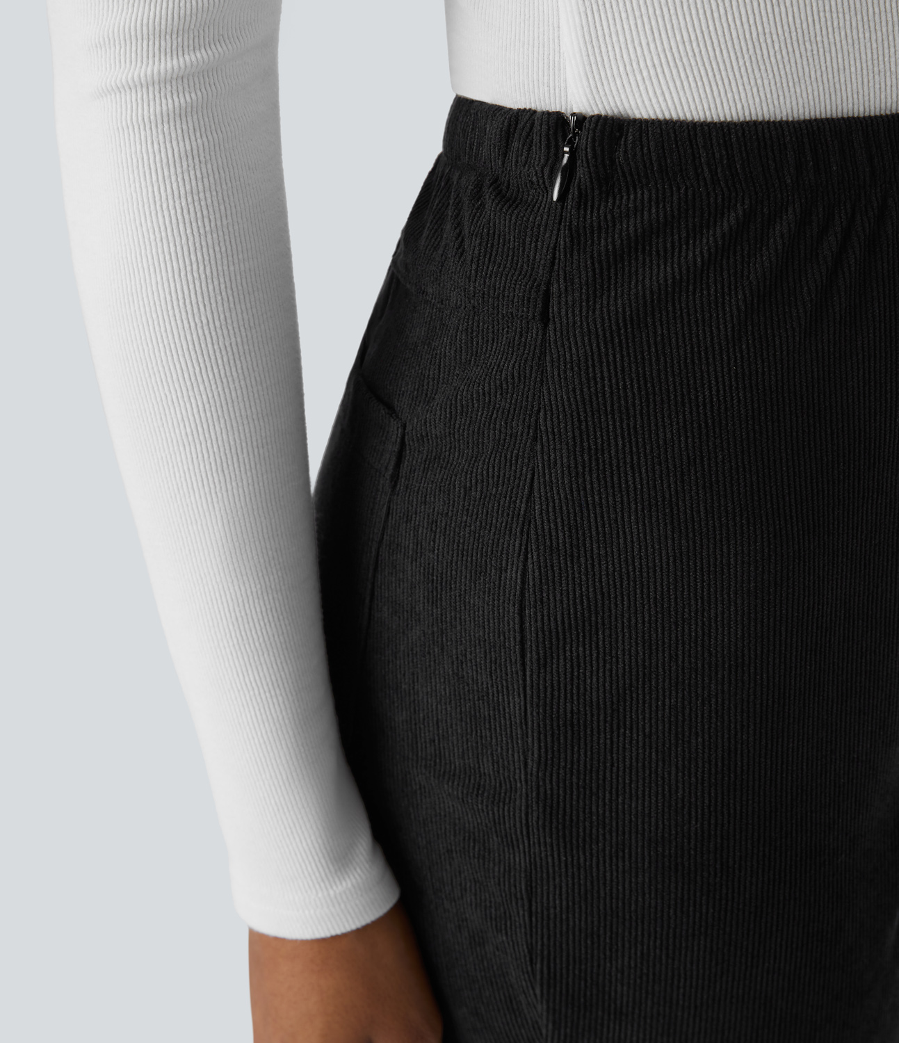 Halara Mid Rise Side Zipper Back Pocket Flare Casual Corduroy Pants  - Black - S sweatpants jogger pants stacked sweatpants cargo joggers 