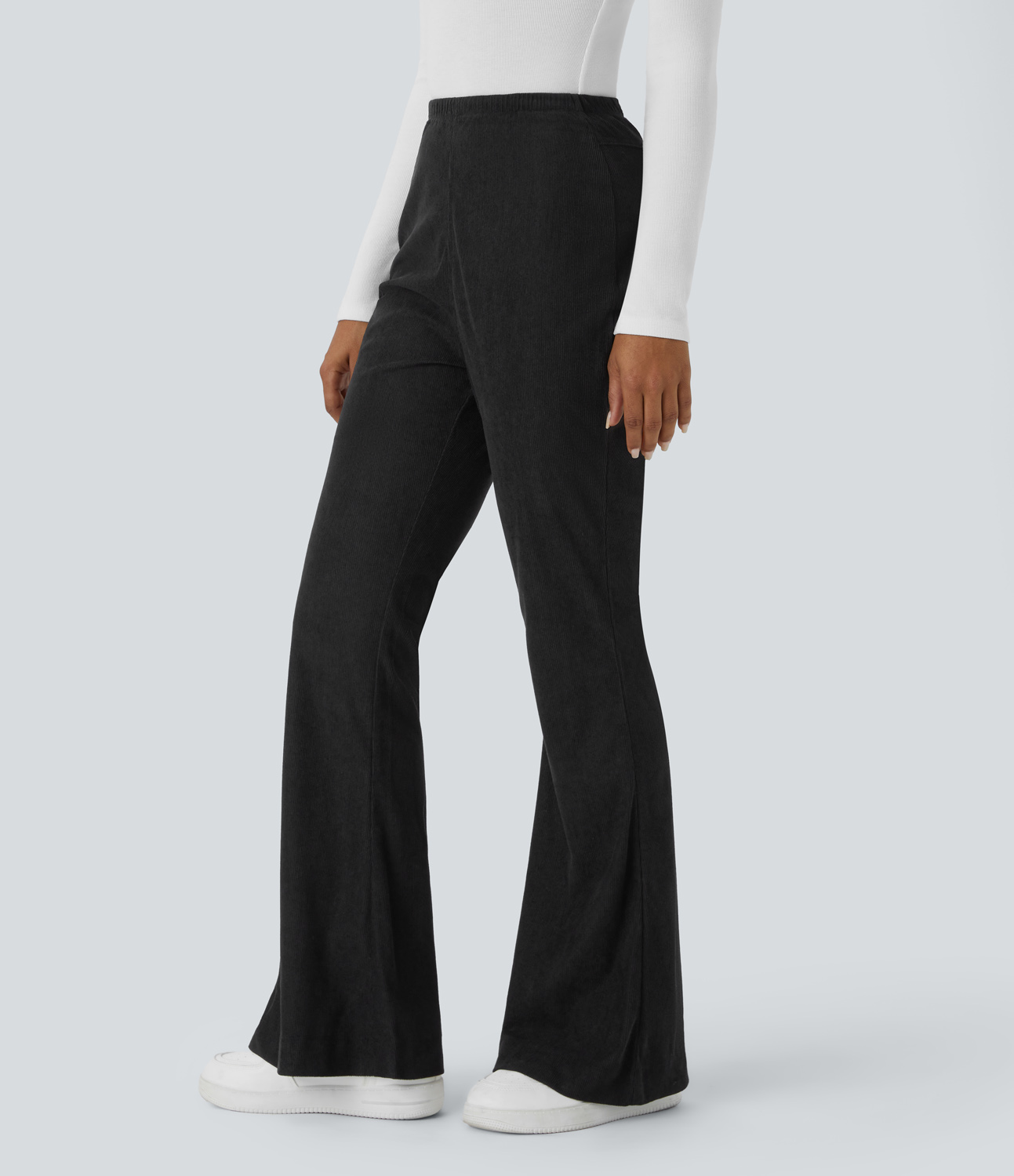 Halara Mid Rise Side Zipper Back Pocket Flare Casual Corduroy Pants  - Black - S sweatpants jogger pants stacked sweatpants cargo joggers 
