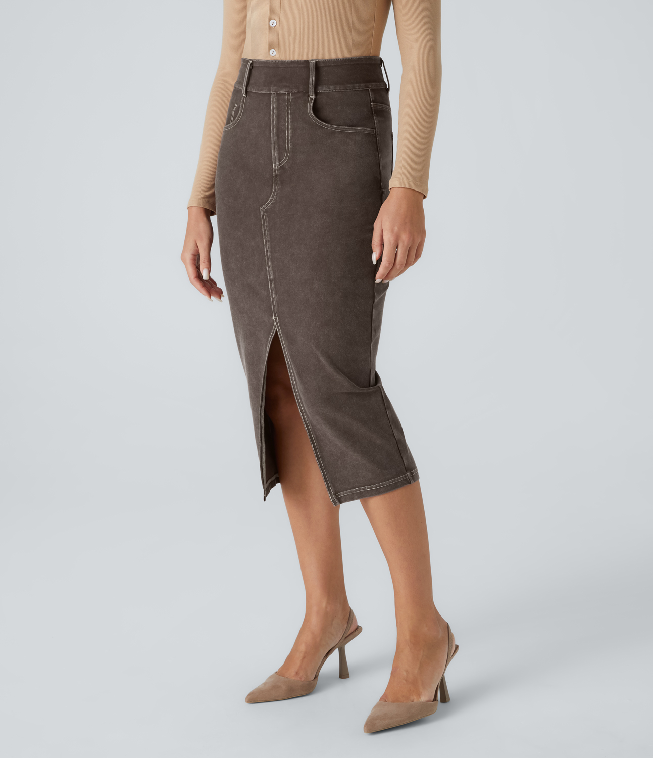 Halara Flex™ High Waisted Multiple Pockets Bodycon Split Colorful Stretchy Knit Denim Casual Midi Skirt