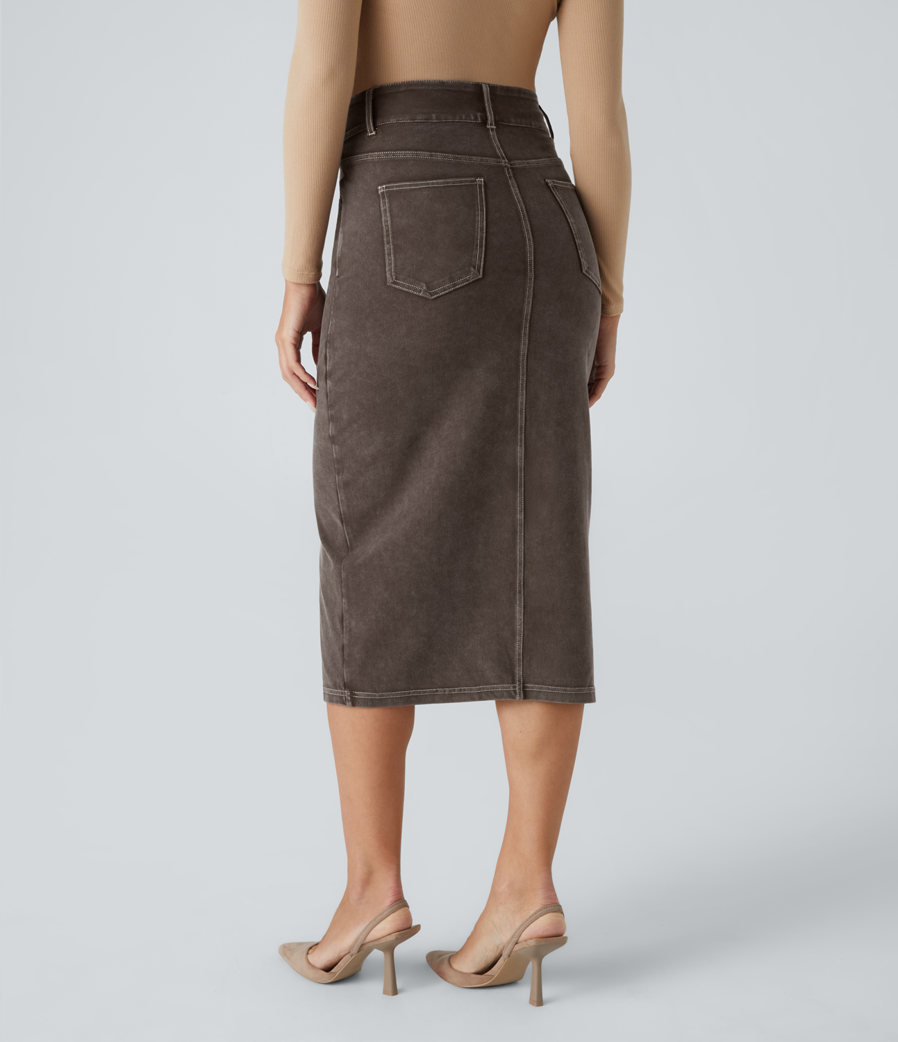 Brown Denim Halara Flex™ High Waisted Multiple Pockets Bodycon Split Colorful Stretchy Knit Denim Casual Midi Skirt / 2