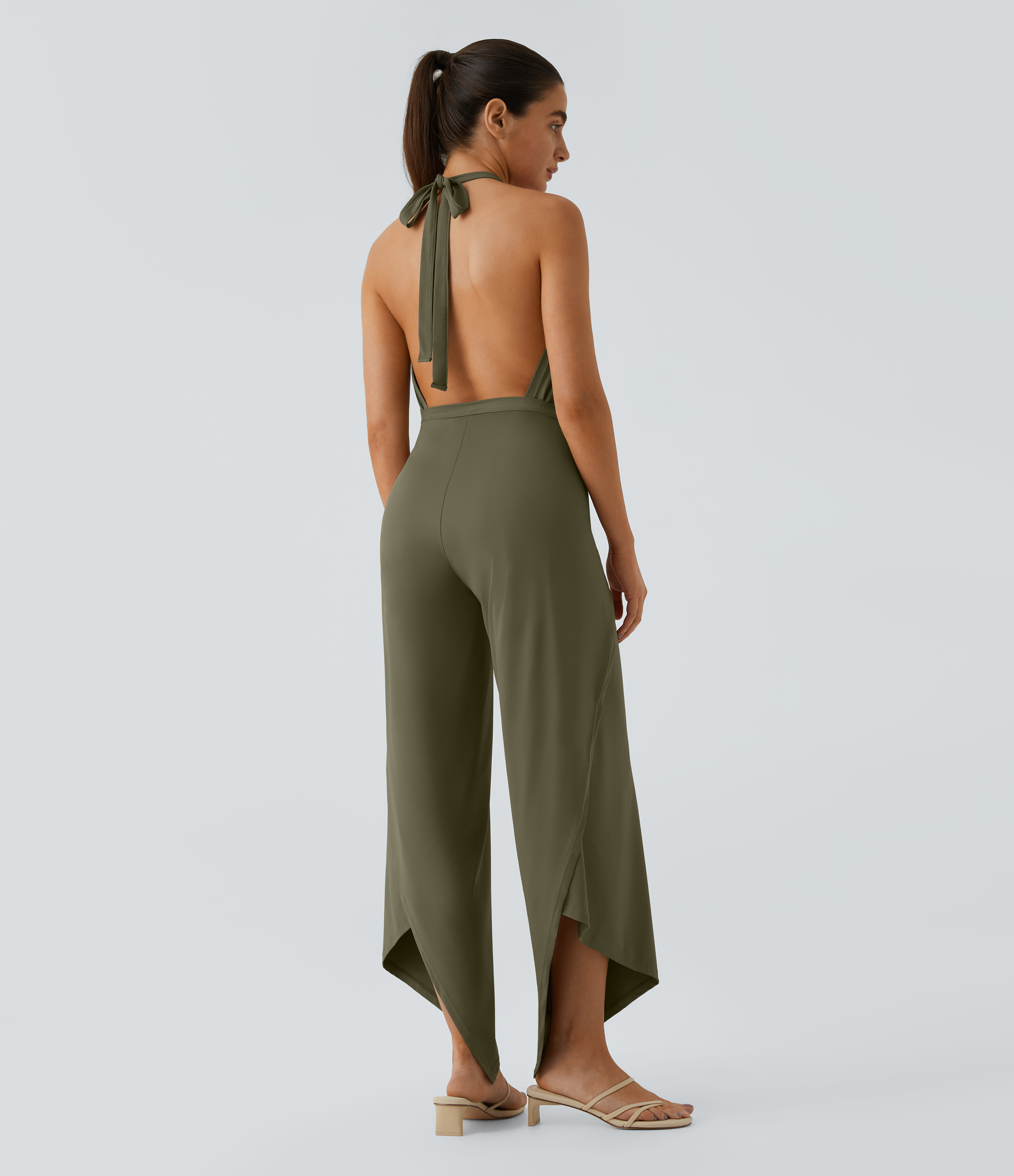 Halara High Waisted Tie Front Split Hem Palazzo Wide Leg Flowy Casual Pants  - Winter Moss - S 