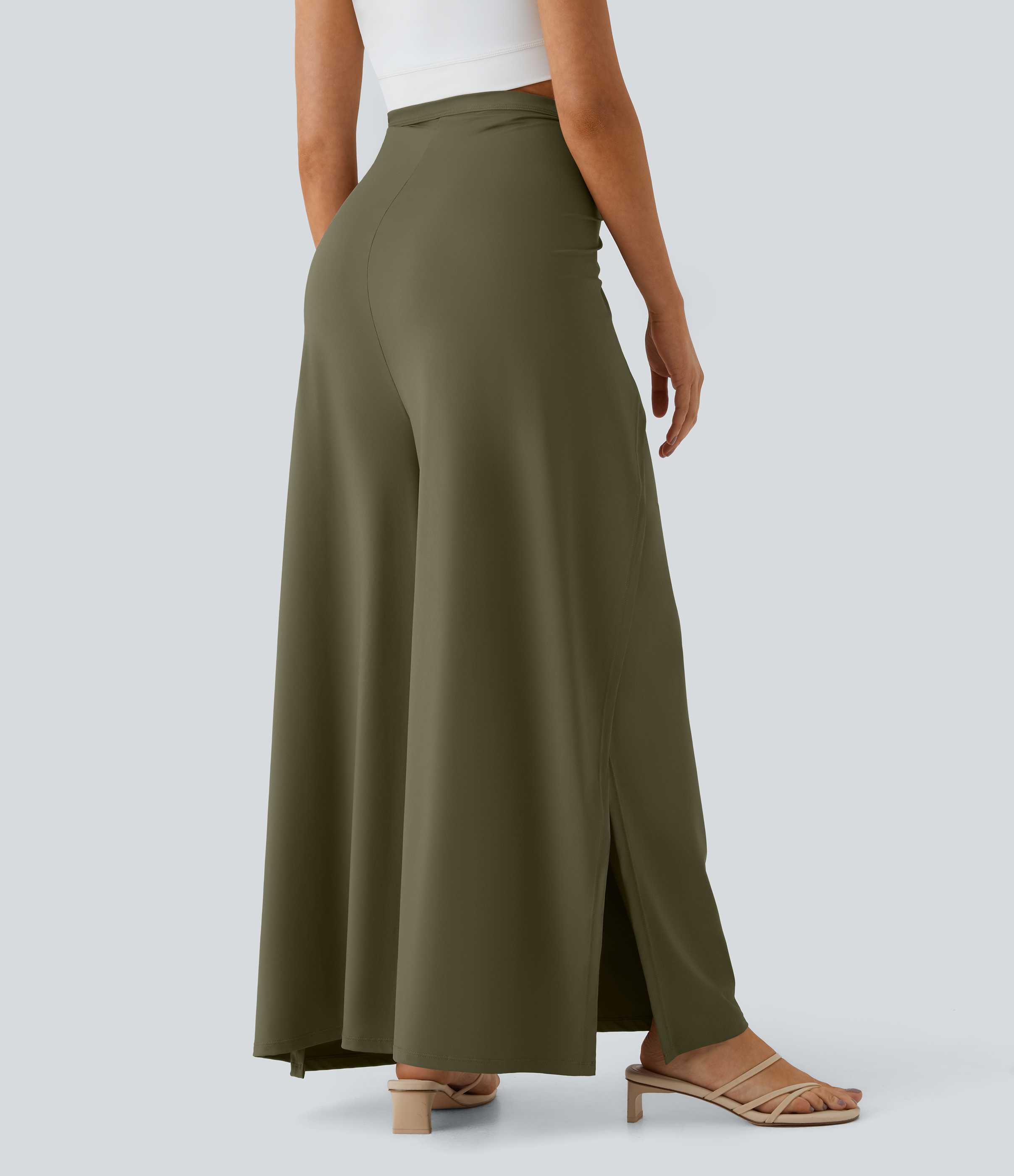 Halara High Waisted Tie Front Split Hem Palazzo Wide Leg Flowy Casual Pants  - Winter Moss - S 