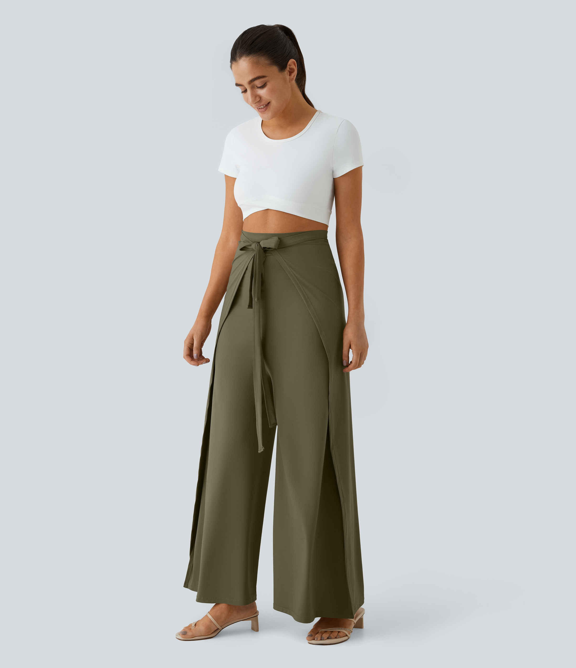 Halara High Waisted Tie Front Split Hem Palazzo Wide Leg Flowy Casual Pants  - Winter Moss - S 