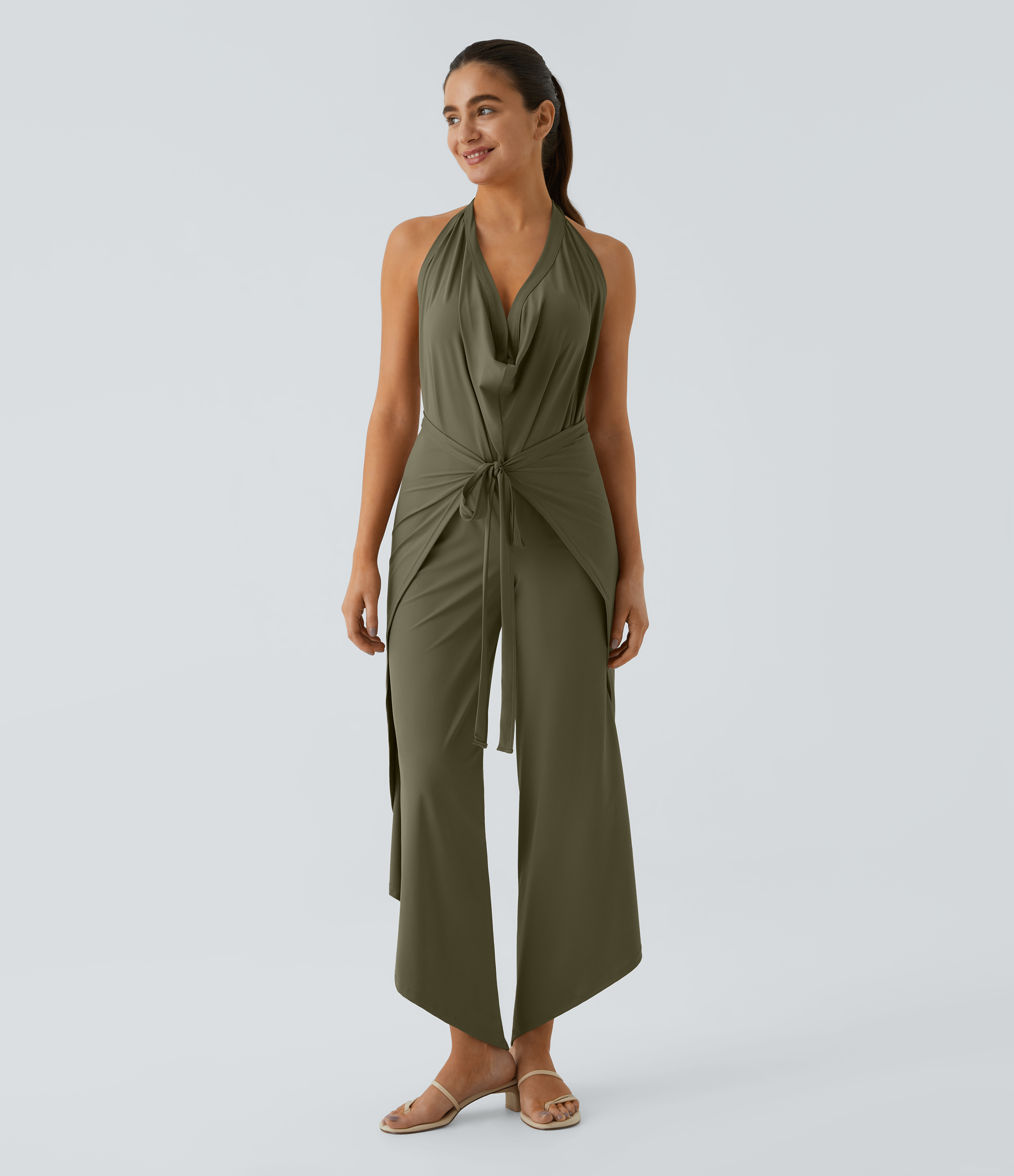 Halara High Waisted Tie Front Split Hem Palazzo Wide Leg Flowy Casual Pants  - Winter Moss - S 