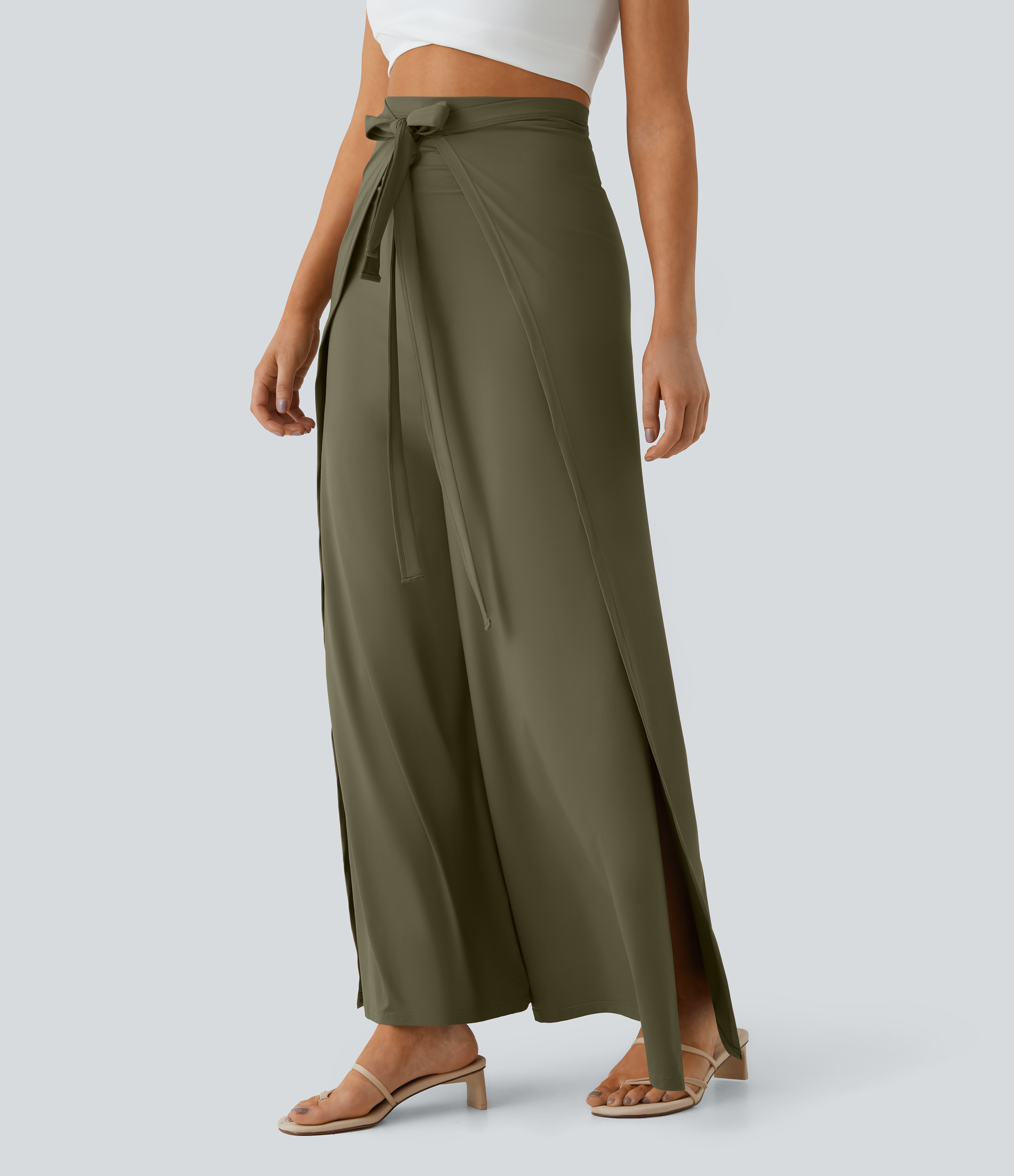 Halara High Waisted Tie Front Split Hem Palazzo Wide Leg Flowy Casual Pants  - Winter Moss - S 
