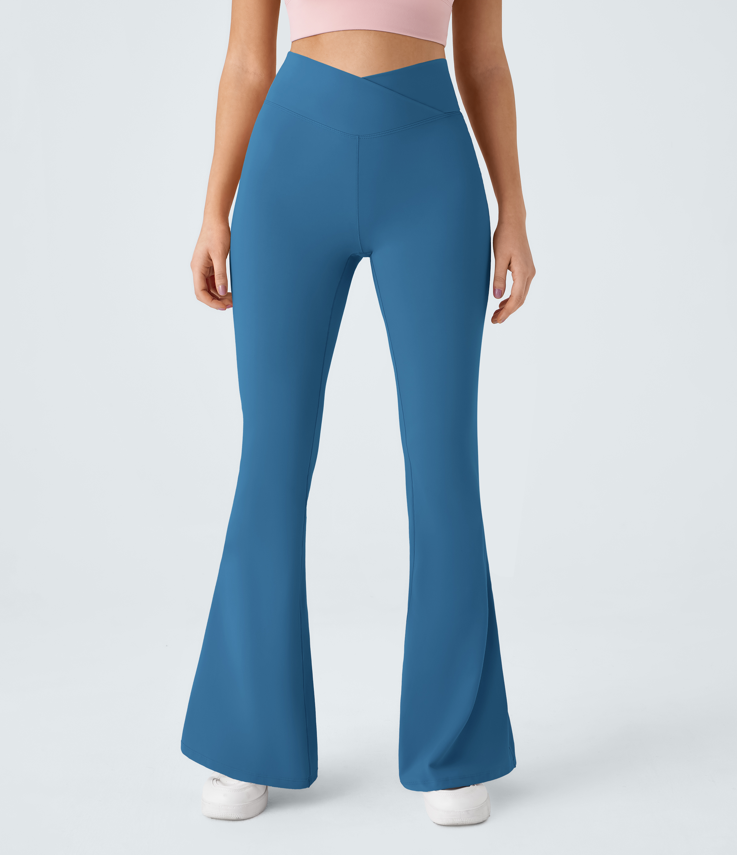 Halara Crossover High Waisted Back Pocket Super Flare Leggings  - Cendre Blue - XS(petite) gym leggings leggings with pockets 