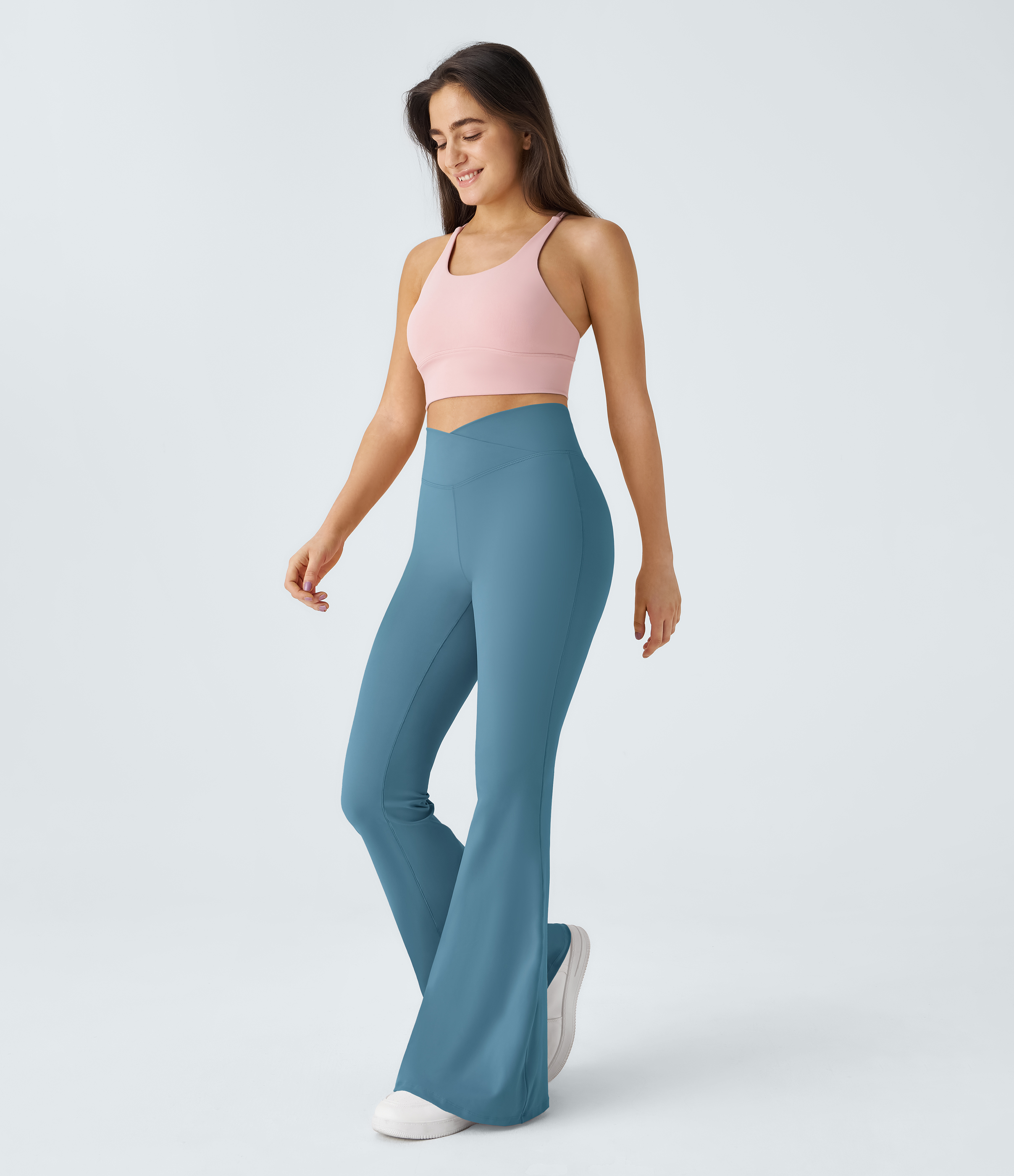 Halara Crossover High Waisted Back Pocket Super Flare Leggings  - Niagara - S(petite) gym leggings leggings with pockets 