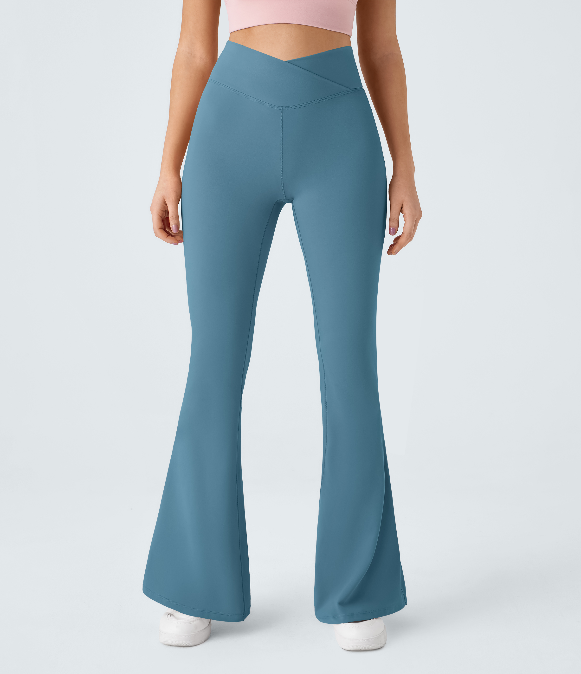 Halara Crossover High Waisted Back Pocket Super Flare Leggings  - Niagara - S(petite) gym leggings leggings with pockets 