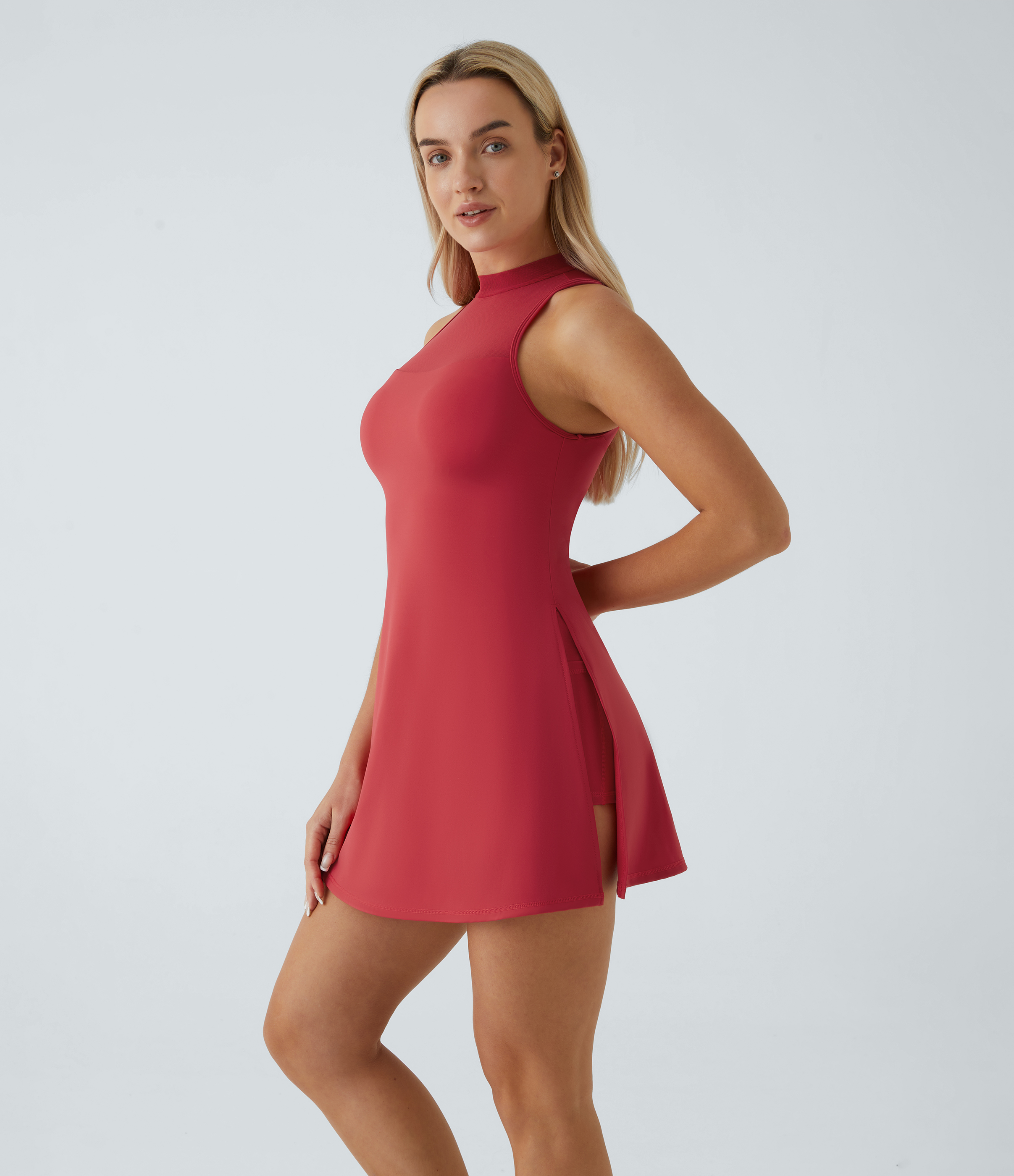 Halara Contrast Mesh Buckle Cut Out Split 2-in-1 Side Pocket Dance Dress-Easy Peezy Workout Dress - Salsa - L 