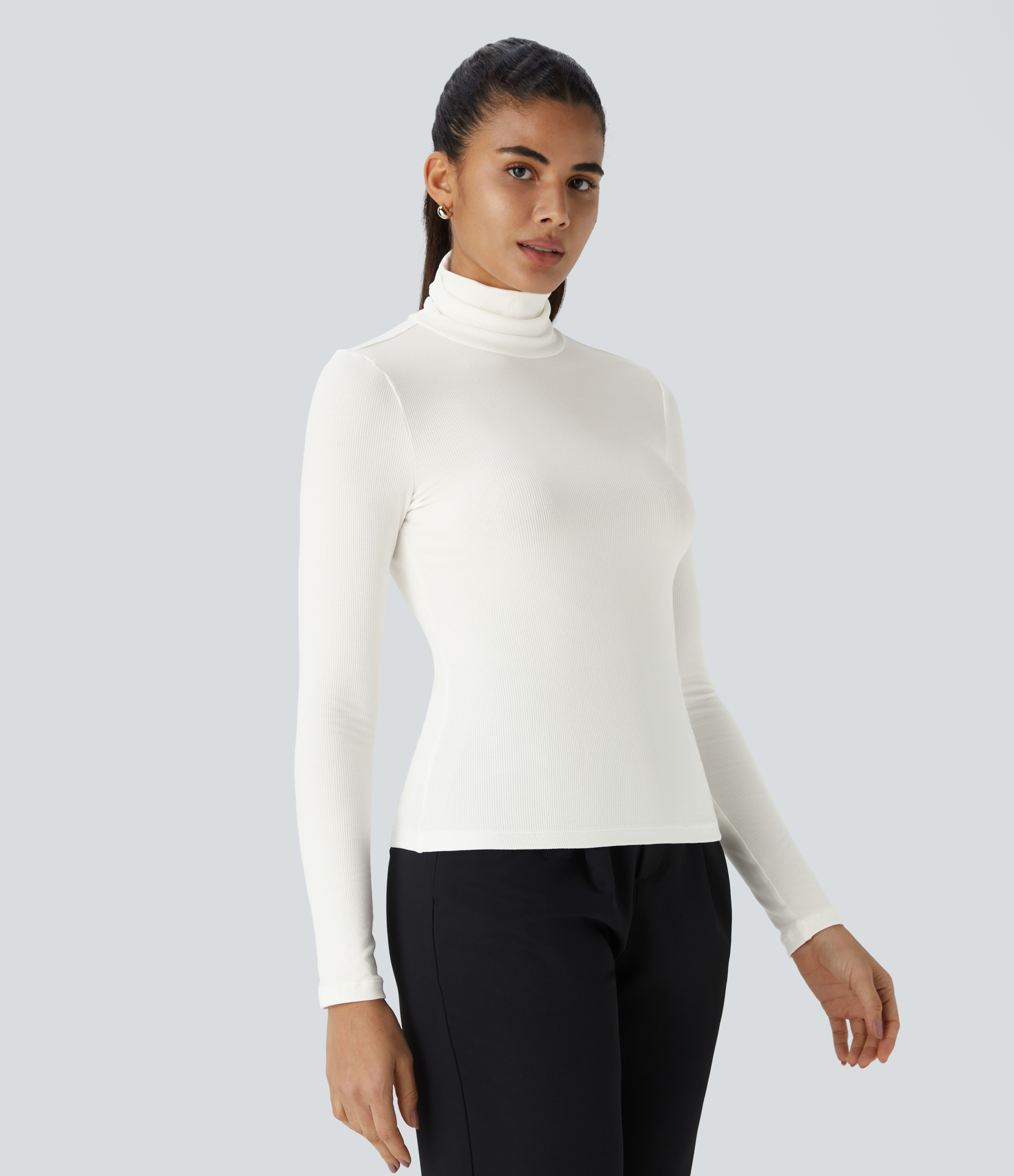 Halara Ribbed Knit High Collar Long Sleeve Casual Top Tank Top - White - XL golf tops halter top tunic tops sleeveless tops backless top 