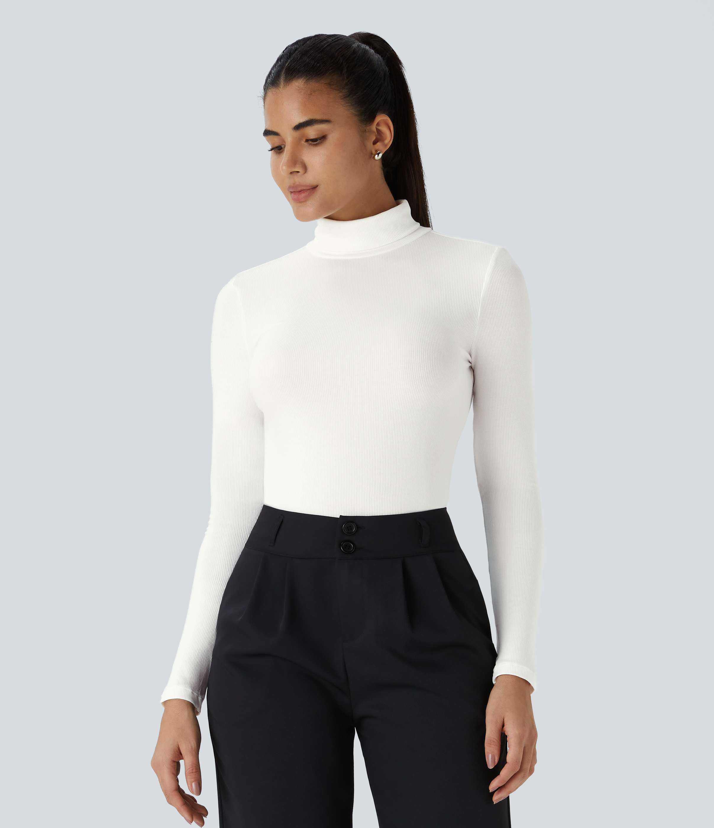Halara Ribbed Knit High Collar Long Sleeve Casual Top Tank Top - White - XL golf tops halter top tunic tops sleeveless tops backless top 