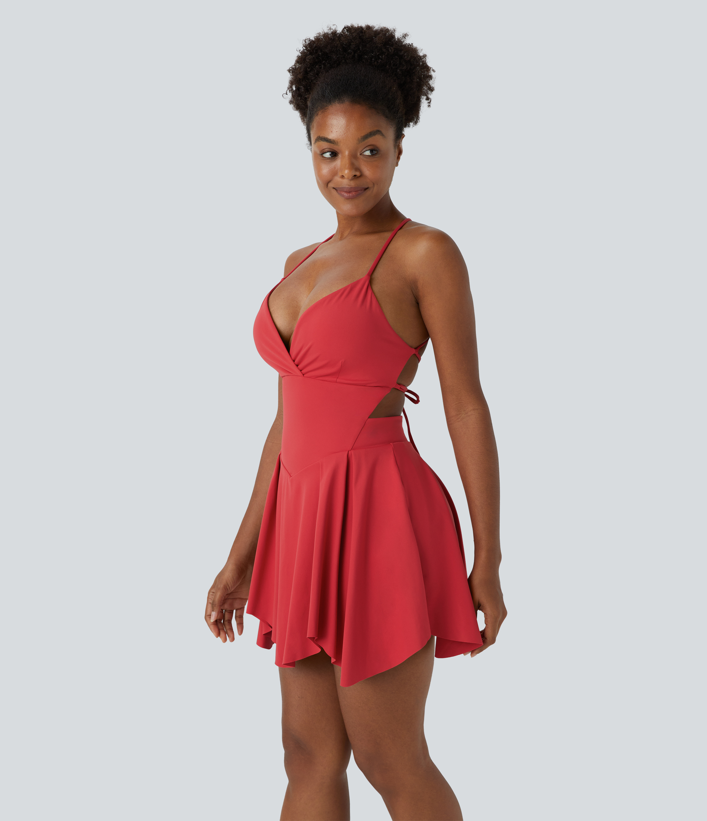 Halara Backless Crisscross Lace Up 2-in-1 Pocket Mini Slip Yoga Active Dress Workout Dress - Salsa - M 