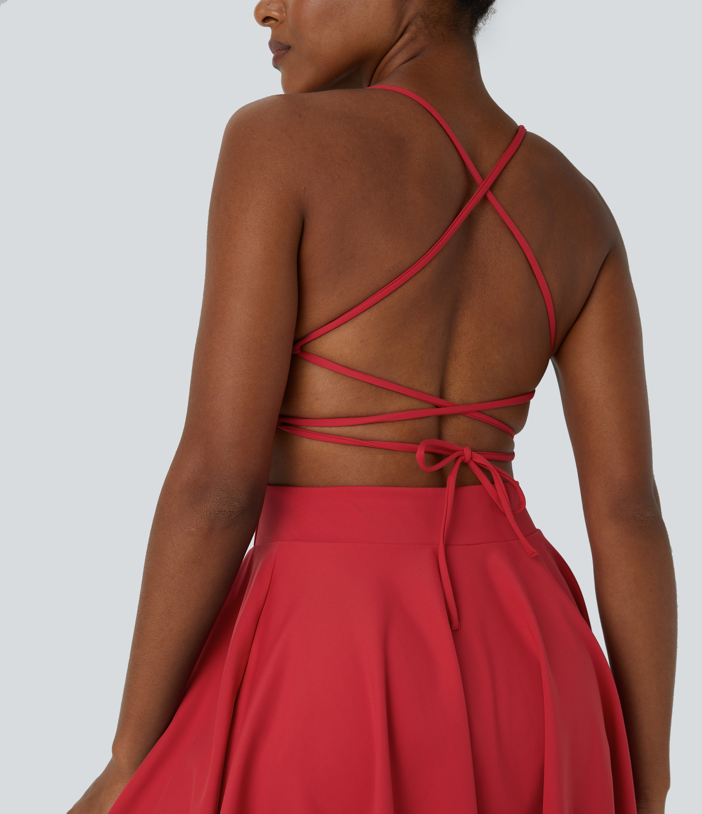 Halara Backless Crisscross Lace Up 2-in-1 Pocket Mini Slip Yoga Active Dress Workout Dress - Salsa - M 