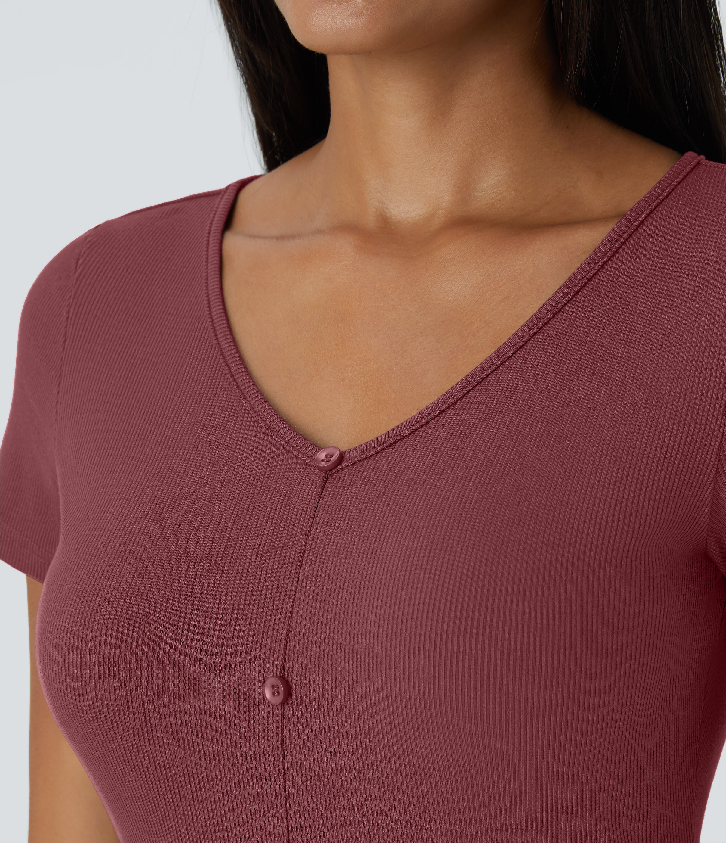 Halara Ribbed Knit V Neck Button Split Midi Chill Dress Casual Dress - Pomegranate - XL slip dress beach dress ruched dress halter dress 
