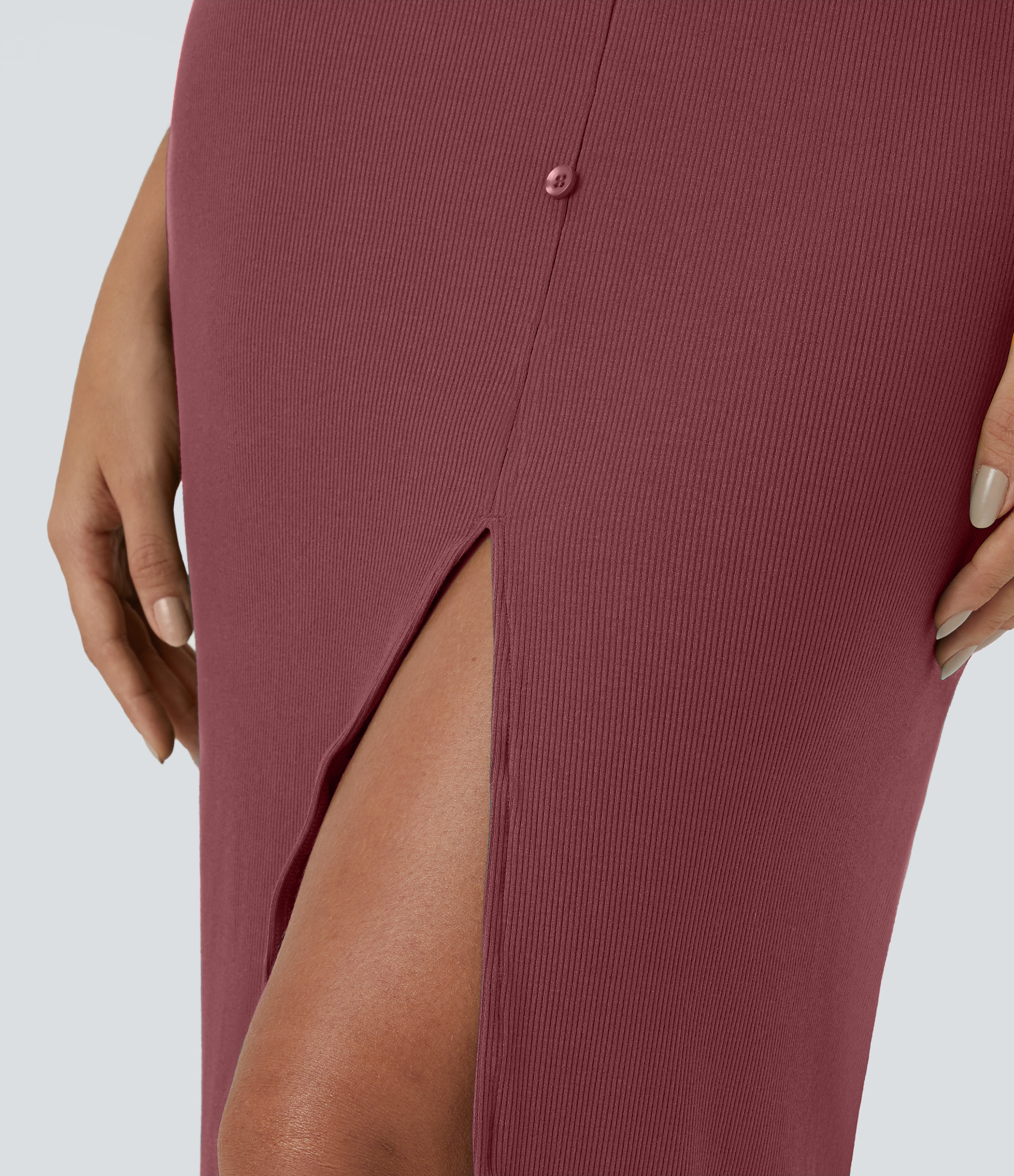 Halara Ribbed Knit V Neck Button Split Midi Chill Dress Casual Dress - Pomegranate - XL slip dress beach dress ruched dress halter dress 