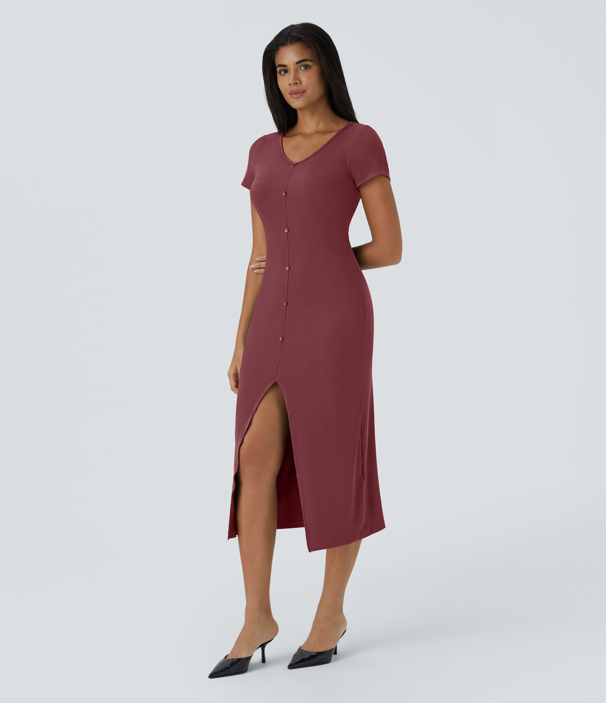 Halara Ribbed Knit V Neck Button Split Midi Chill Dress Casual Dress - Pomegranate - XL slip dress beach dress ruched dress halter dress 