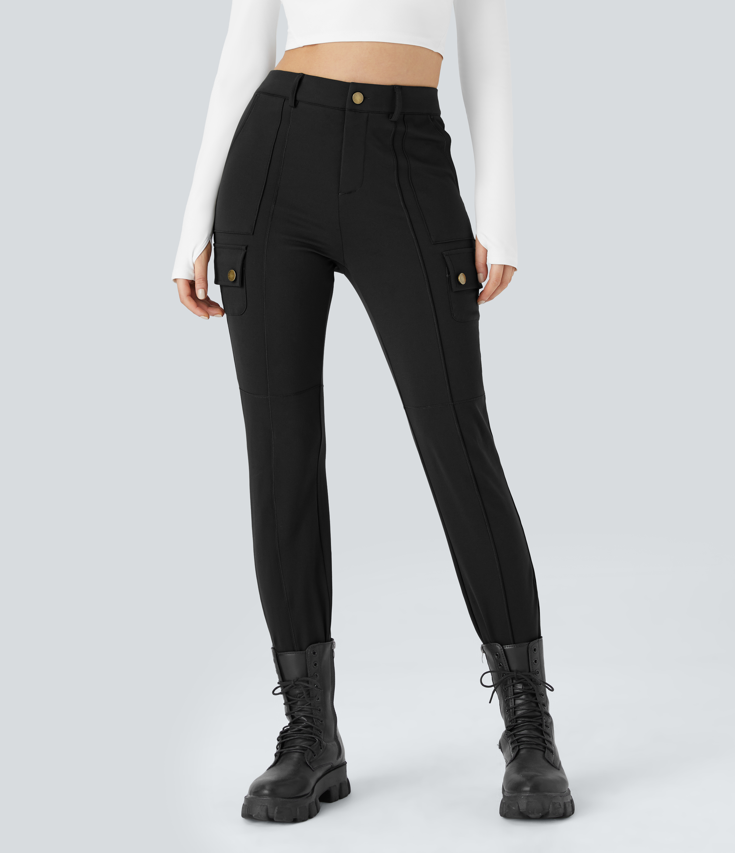 Halara High Waisted Button Zipper Multiple Pockets Solid Skinny Cargo Pants  - Black - S(petite) 