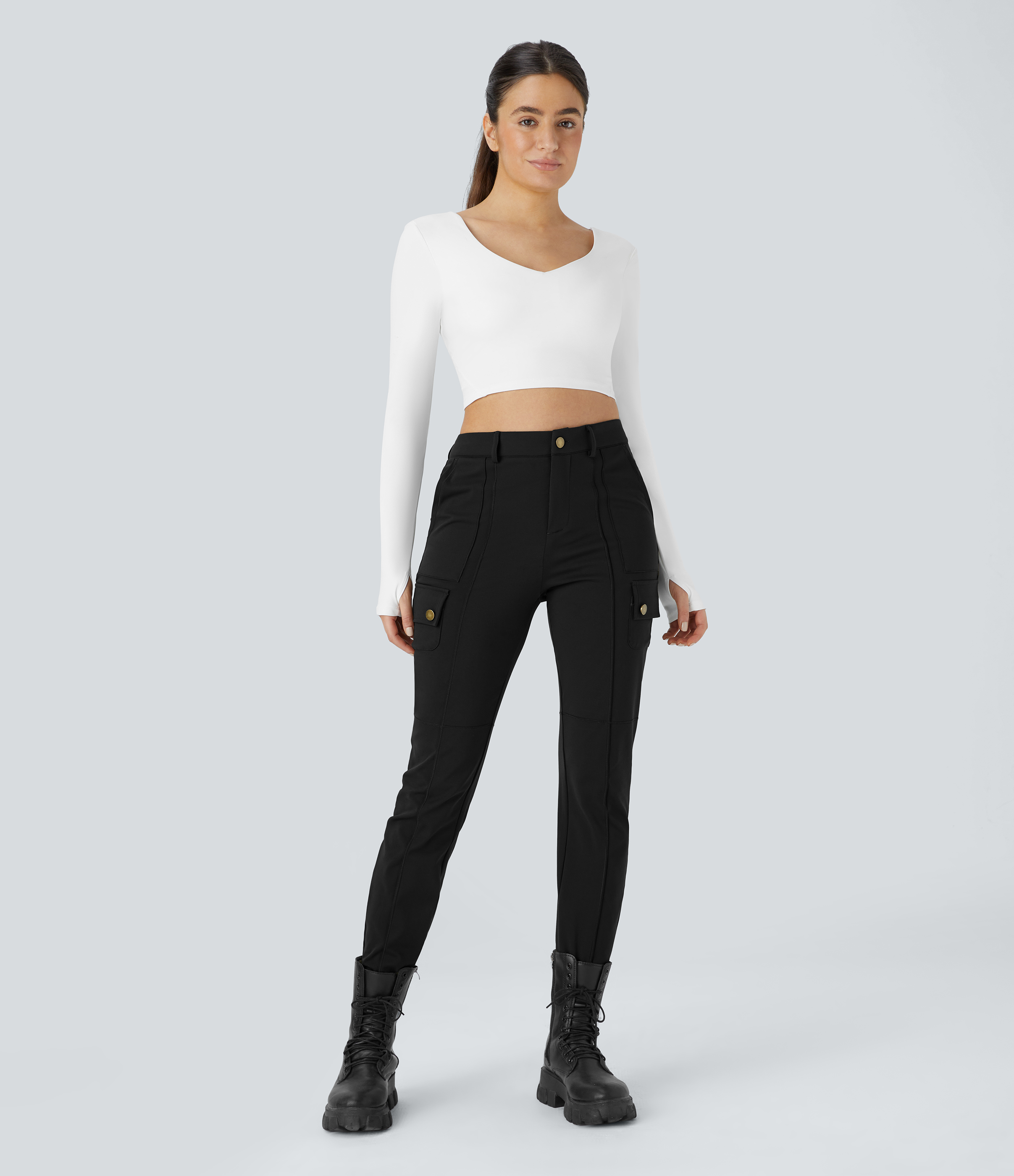 Halara High Waisted Button Zipper Multiple Pockets Solid Skinny Cargo Pants  - Black - S(petite) 