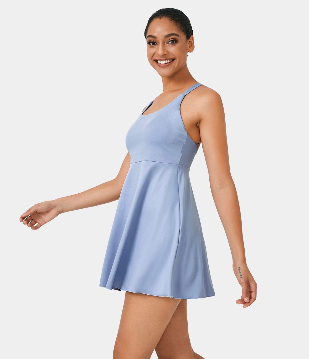 

Halara Backless Crisscross 2-Piece Pocket Flare Slip Dance Active Dress Workout Dress - Camon blue