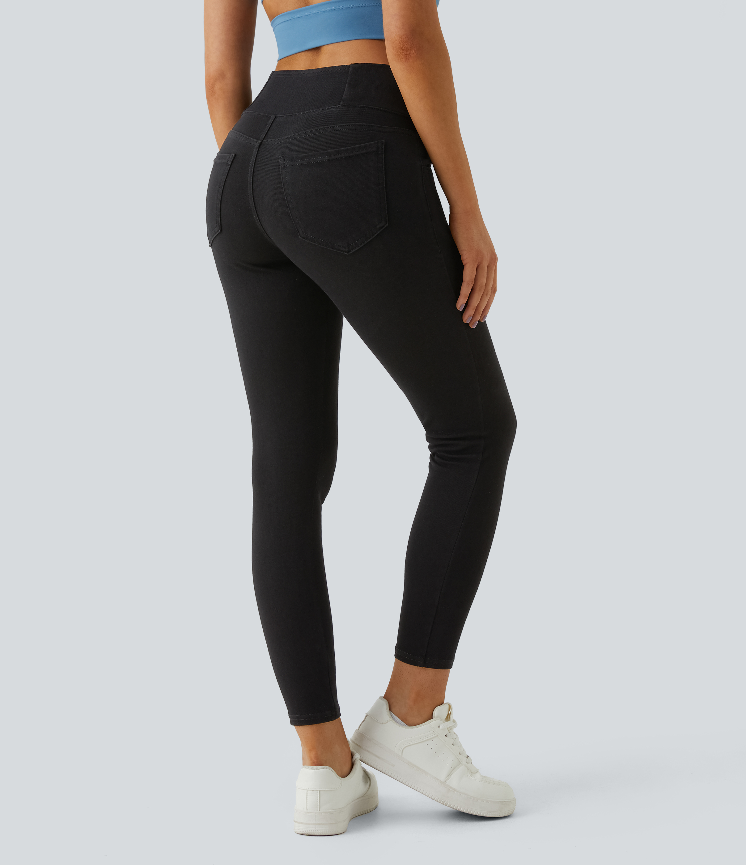 Halara HalaraMagicв„ў Jeans High Waisted Crossover Multiple Pockets Stretchy Knit Denim Work Leggings  - Black - XS 