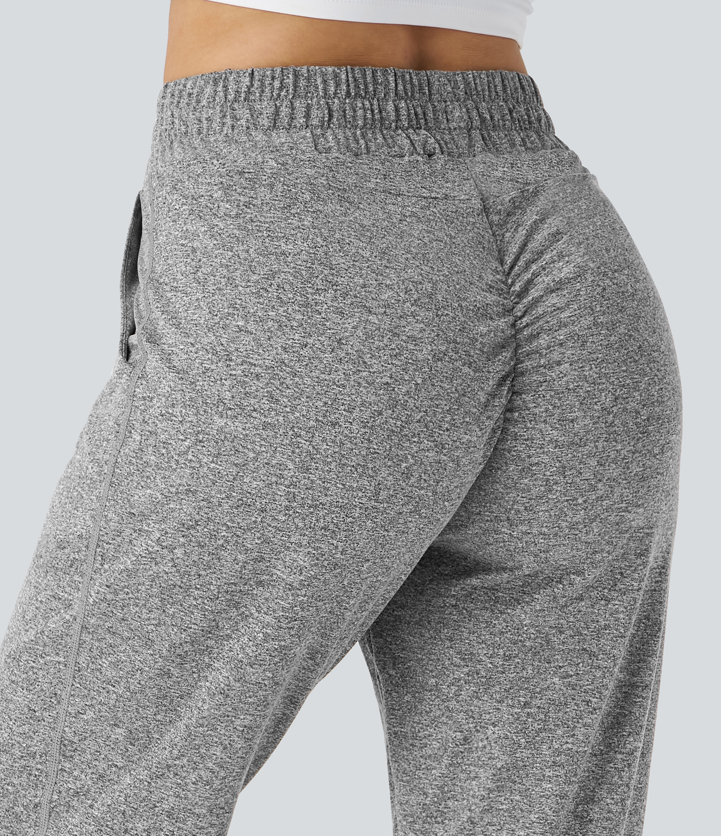 Halara High Waisted Drawstring Side Pocket Ruched Yoga Joggers  - Mottled Light Grey - L(regular) 