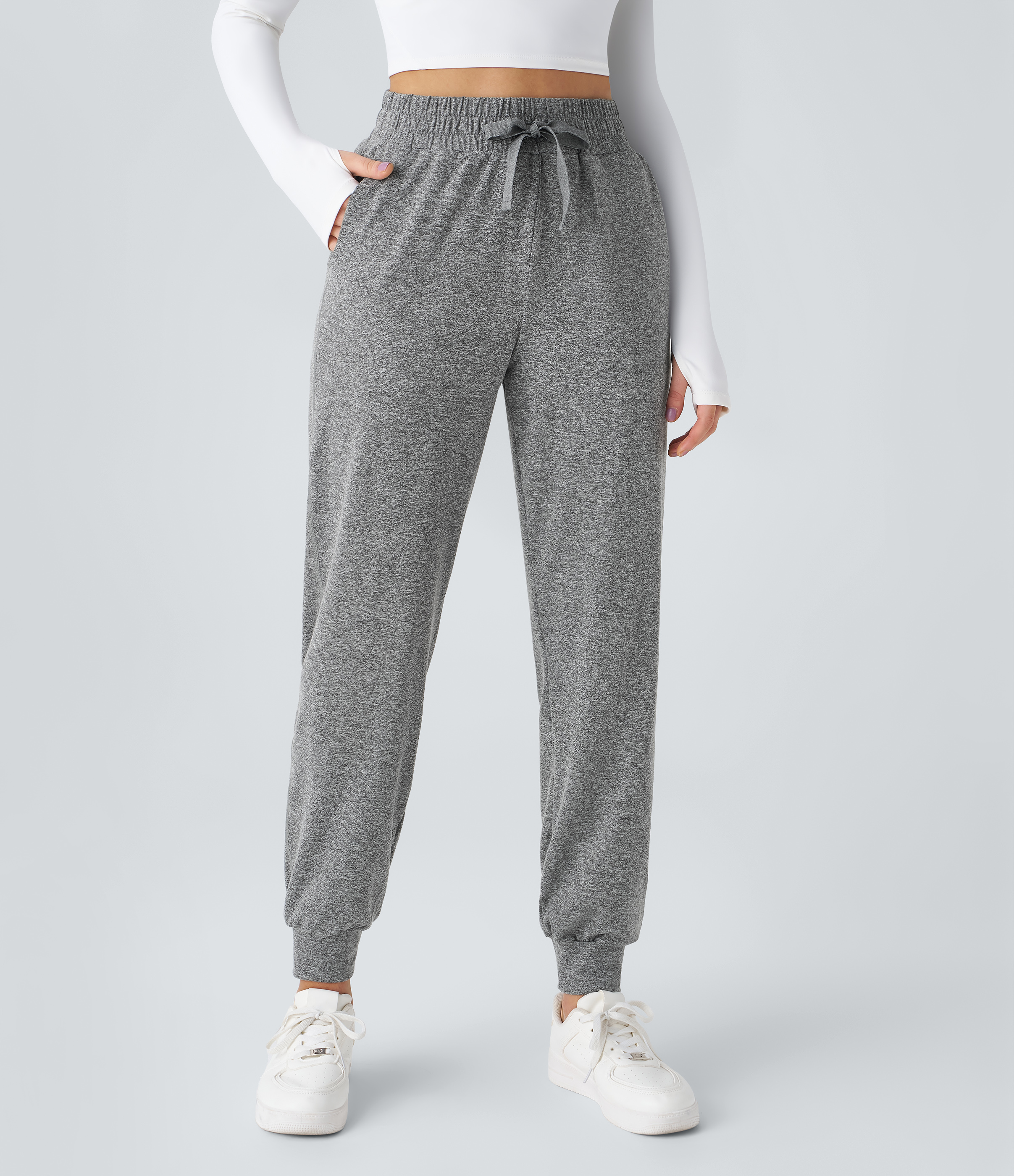 Halara High Waisted Drawstring Side Pocket Ruched Yoga Joggers  - Mottled Light Grey - L(regular) 