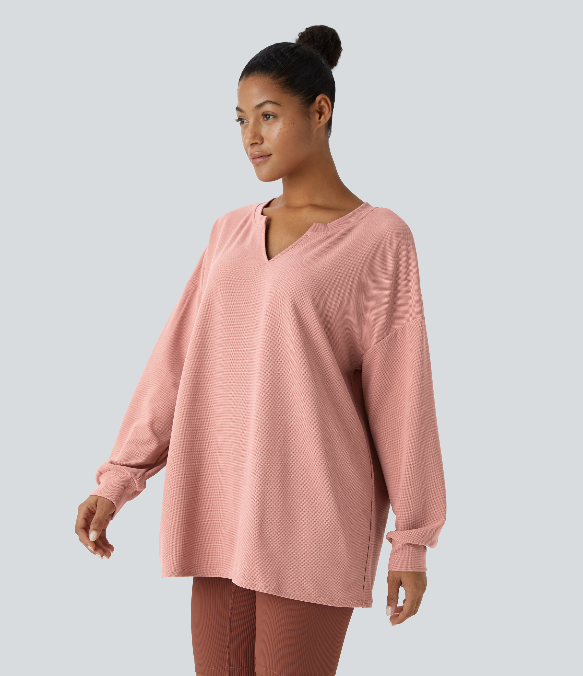 Halara V Neck Dropped Shoulder Relaxed Waffle Casual Sweatshirt  - Rose Tan - XL 