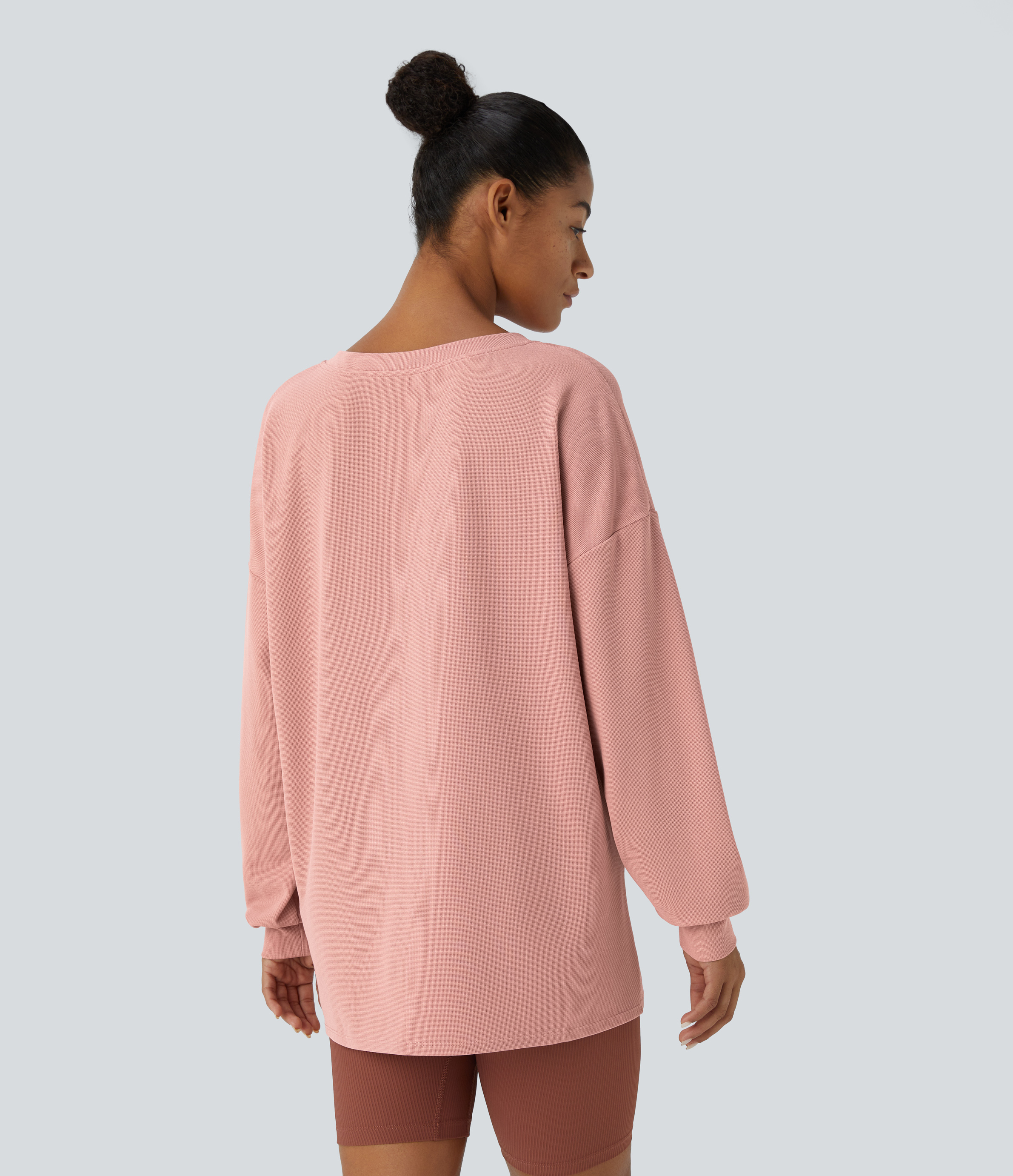 Halara V Neck Dropped Shoulder Relaxed Waffle Casual Sweatshirt  - Rose Tan - XL 
