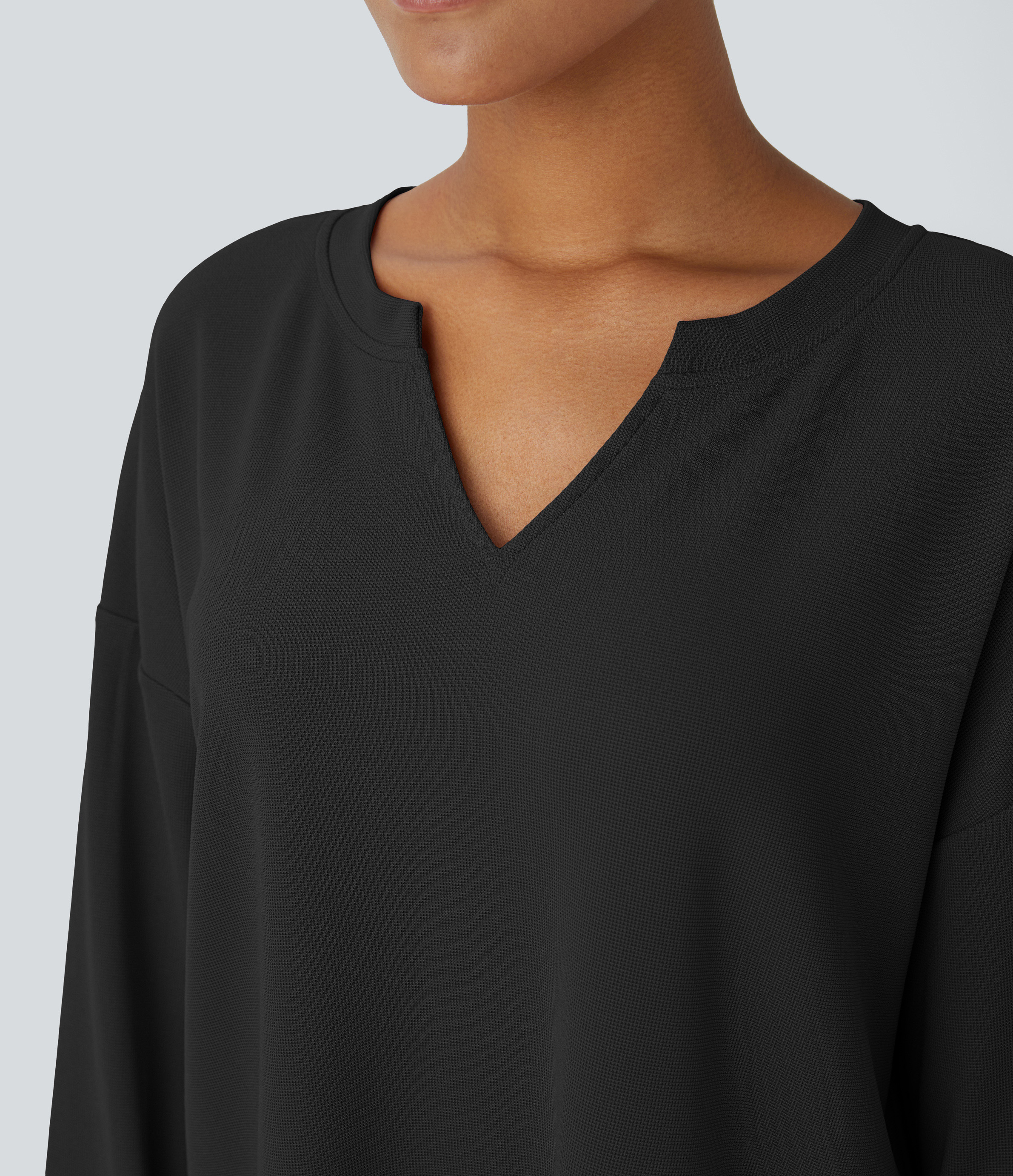 Halara V Neck Dropped Shoulder Relaxed Waffle Casual Sweatshirt  - Black - XS 