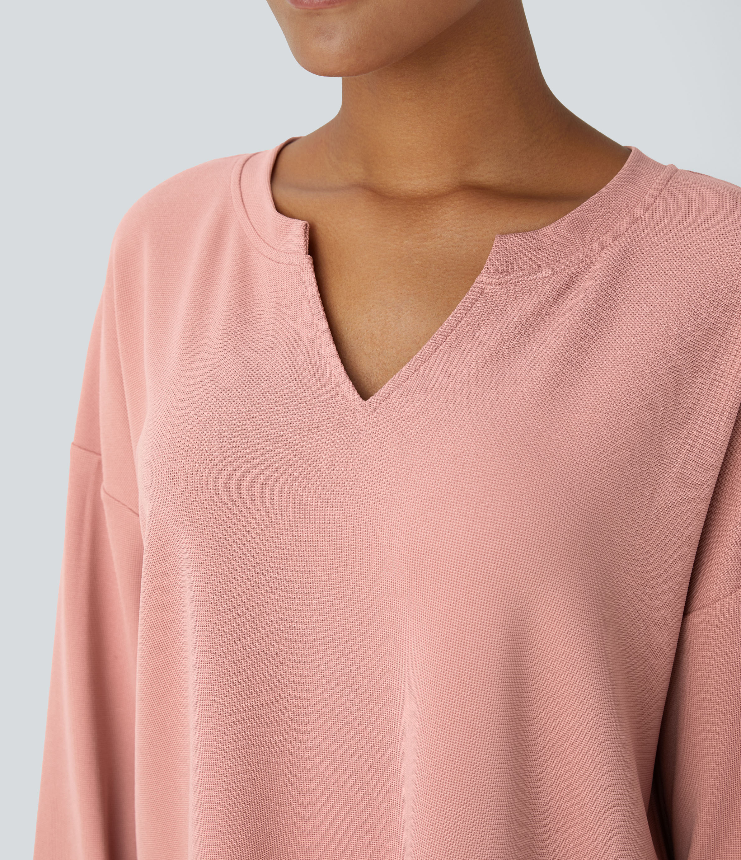 Halara V Neck Dropped Shoulder Relaxed Waffle Casual Sweatshirt  - Rose Tan - XL 